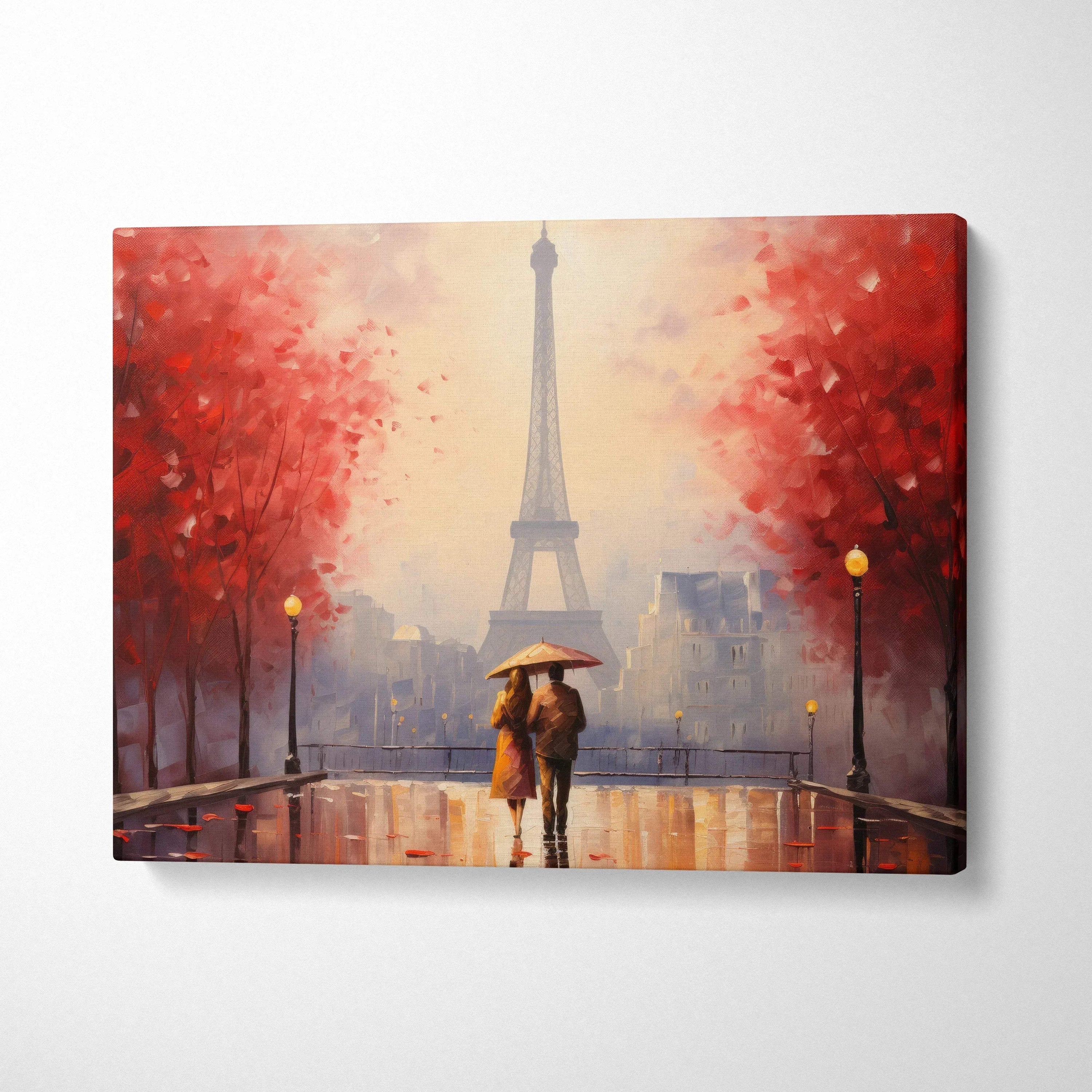 Canvas art wall art featuring a romantic autumn scene with golden leaves and the Eiffel Tower.