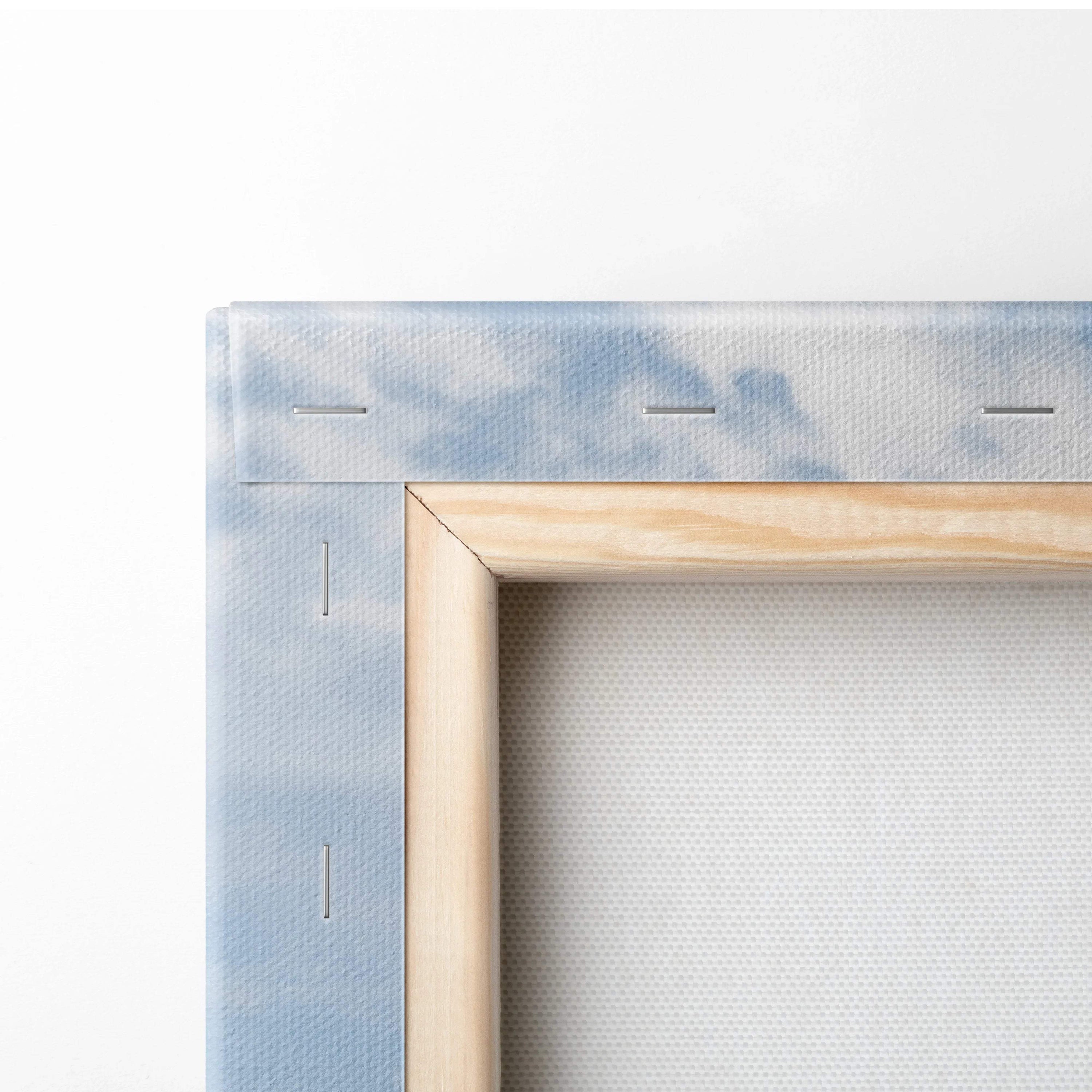 Light blue cloud-textured canvas of cows grazing in Dolomites meadow, wood frame
