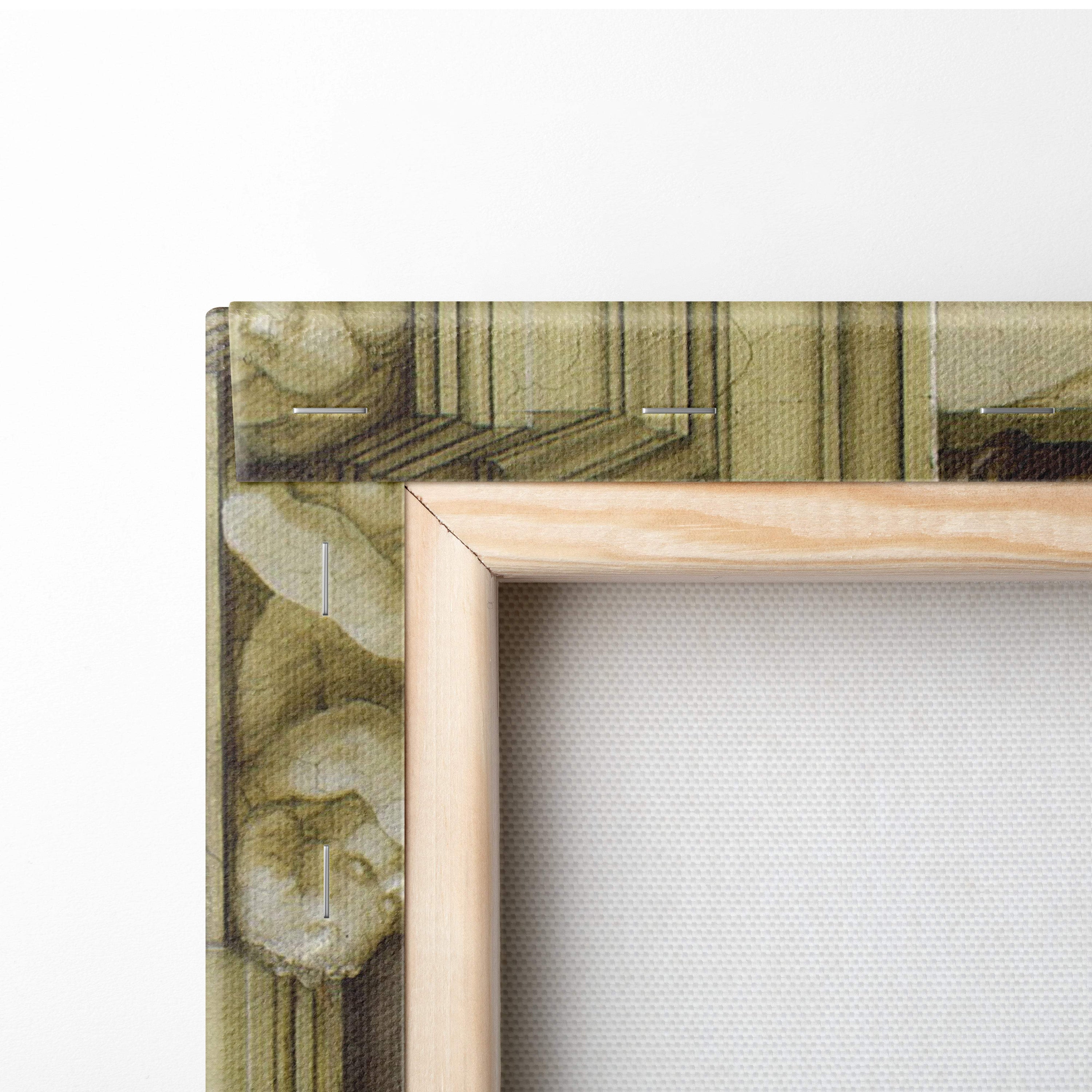 Creation of Adam by Michelangelo on light wood frame with olive-green textured canvas