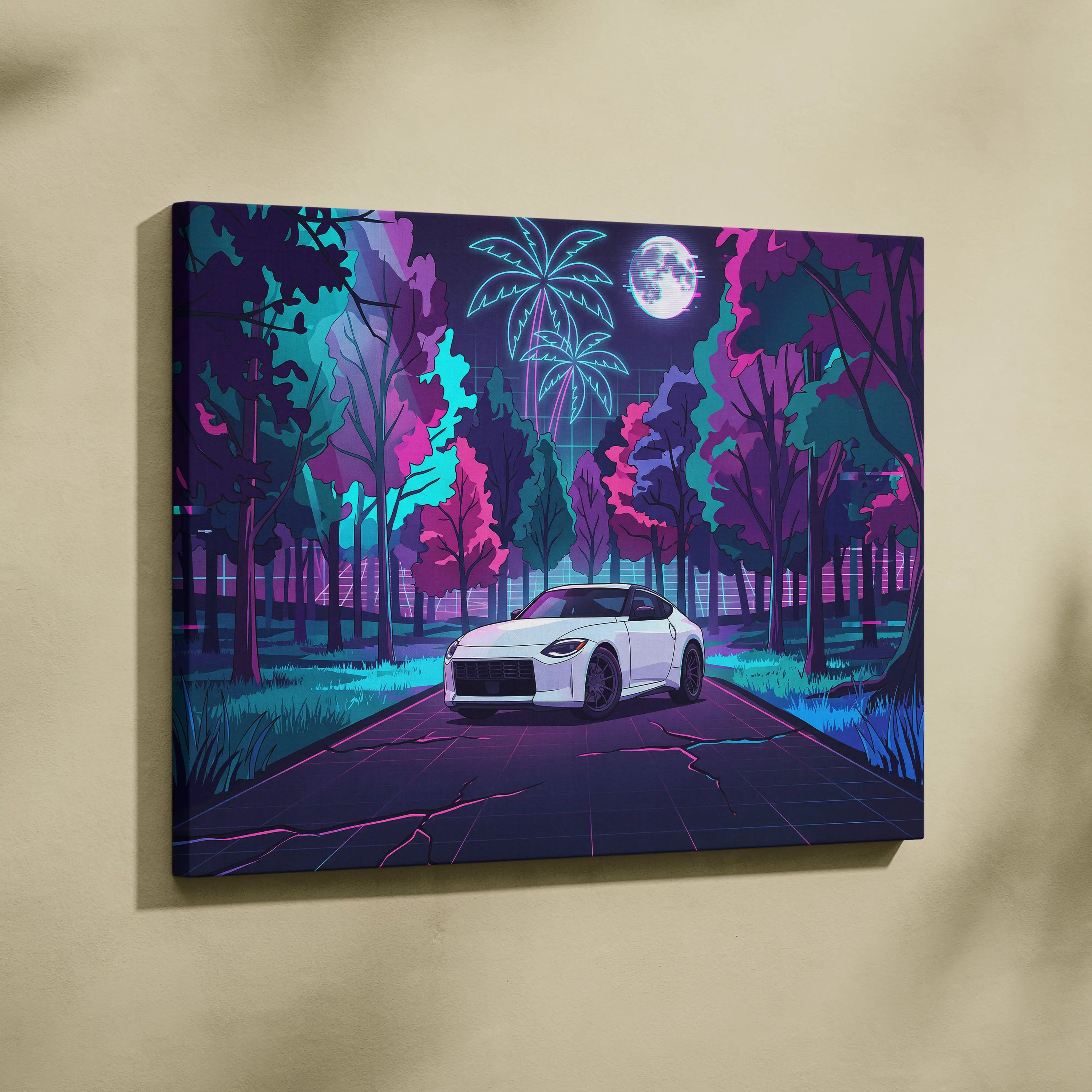 Nissan Z Inspired White Pink Canvas Wall Art Vaporwave Neon Forest Road Car Artwork, Retro Moonlit JDM Garage Decor