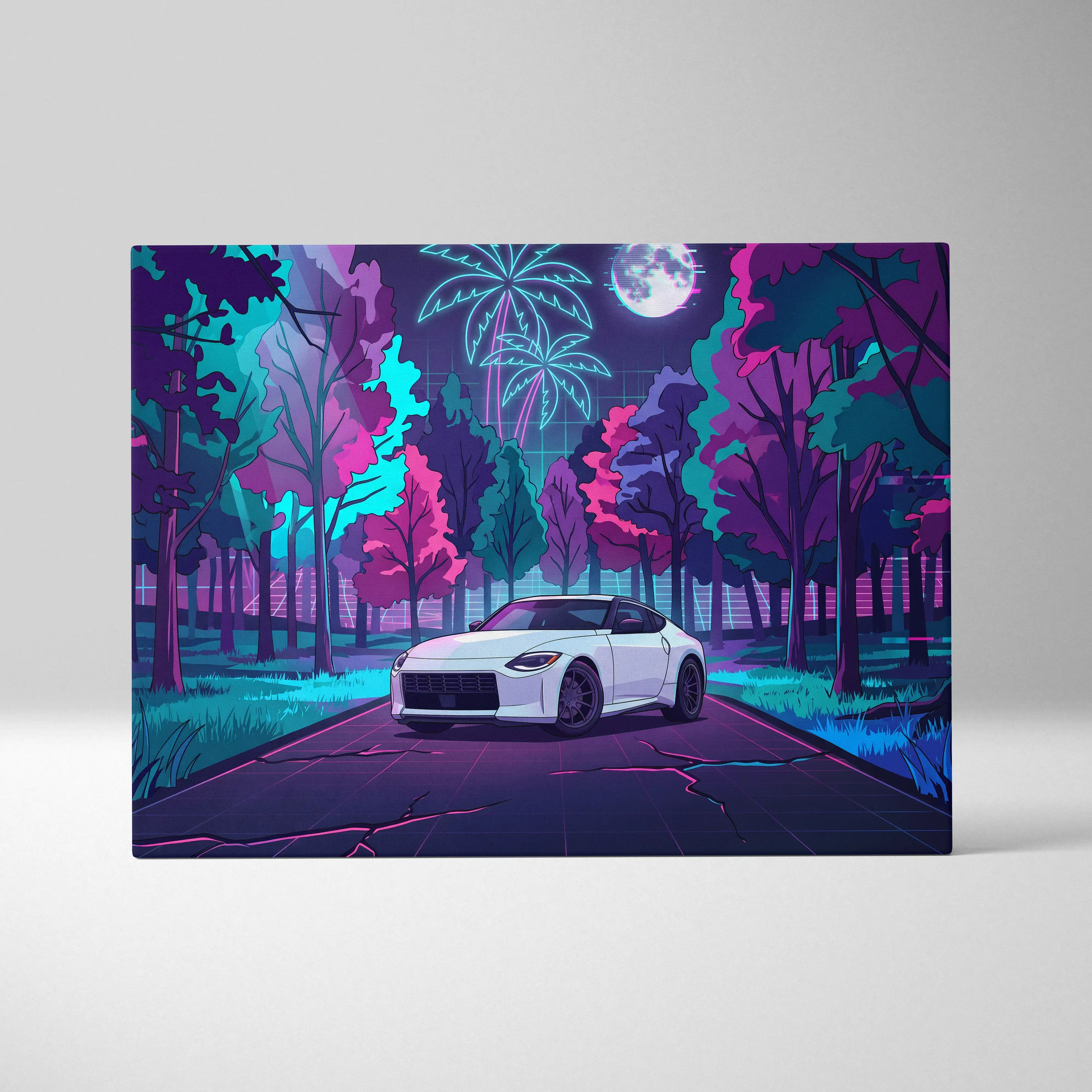 Nissan Z Inspired White Pink Canvas Wall Art Vaporwave Neon Forest Road Car Artwork, Retro Moonlit JDM Garage Decor