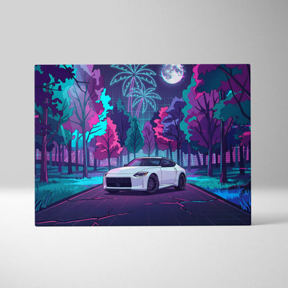 Nissan Z Inspired White Pink Canvas Wall Art Vaporwave Neon Forest Road Car Artwork, Retro Moonlit JDM Garage Decor