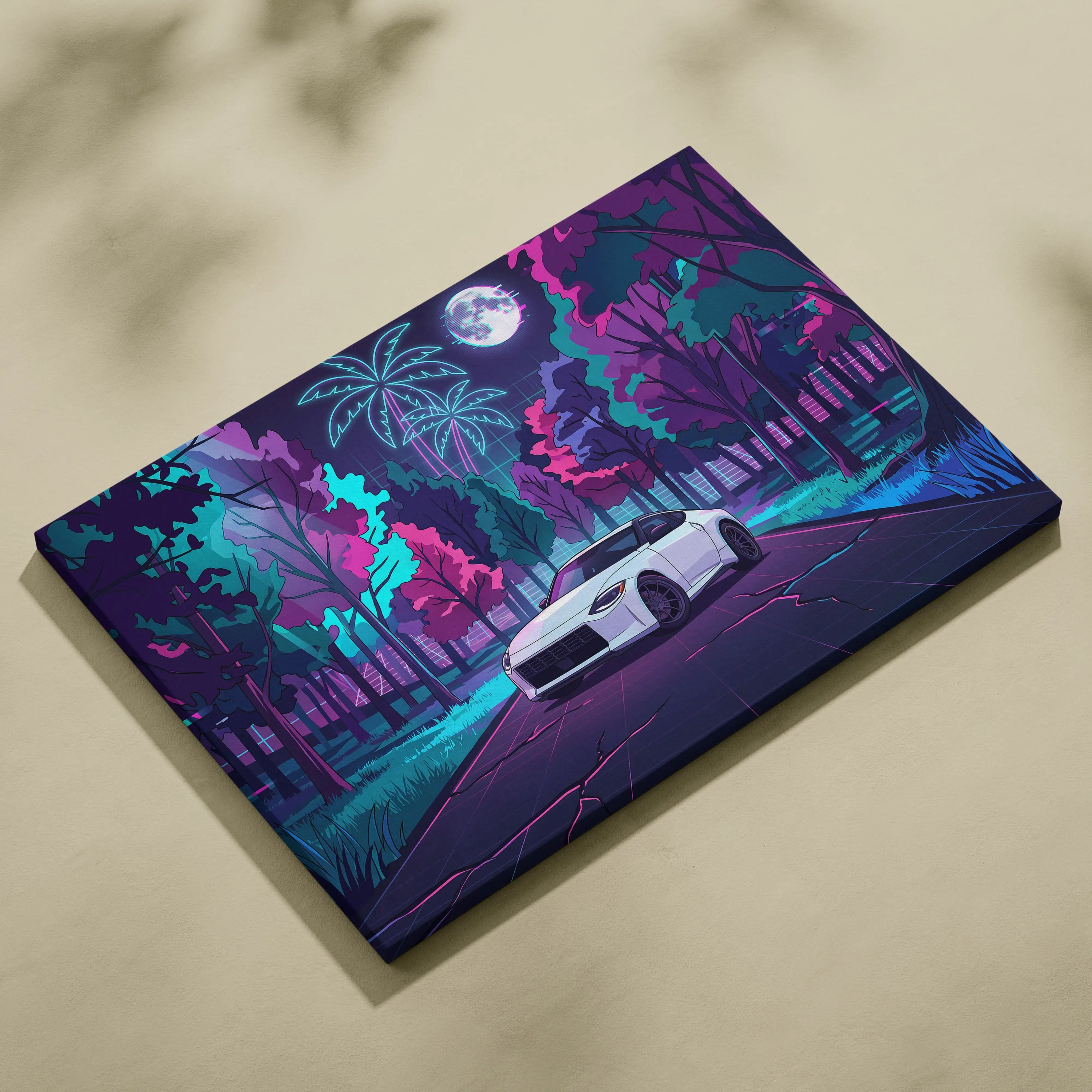 Nissan Z Inspired White Pink Canvas Wall Art Vaporwave Neon Forest Road Car Artwork, Retro Moonlit JDM Garage Decor