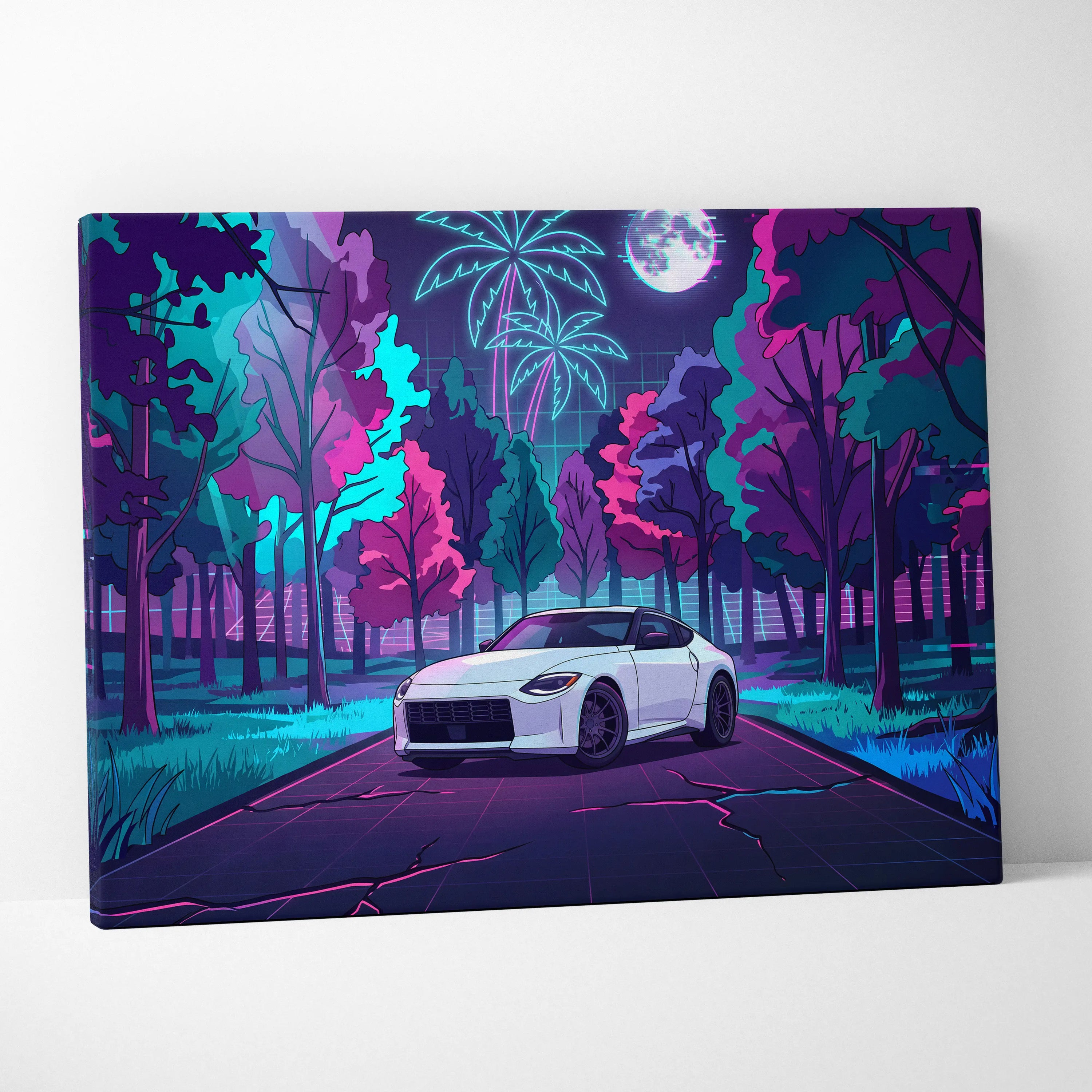 Nissan Z Inspired White Pink Canvas Wall Art Vaporwave Neon Forest Road Car Artwork, Retro Moonlit JDM Garage Decor
