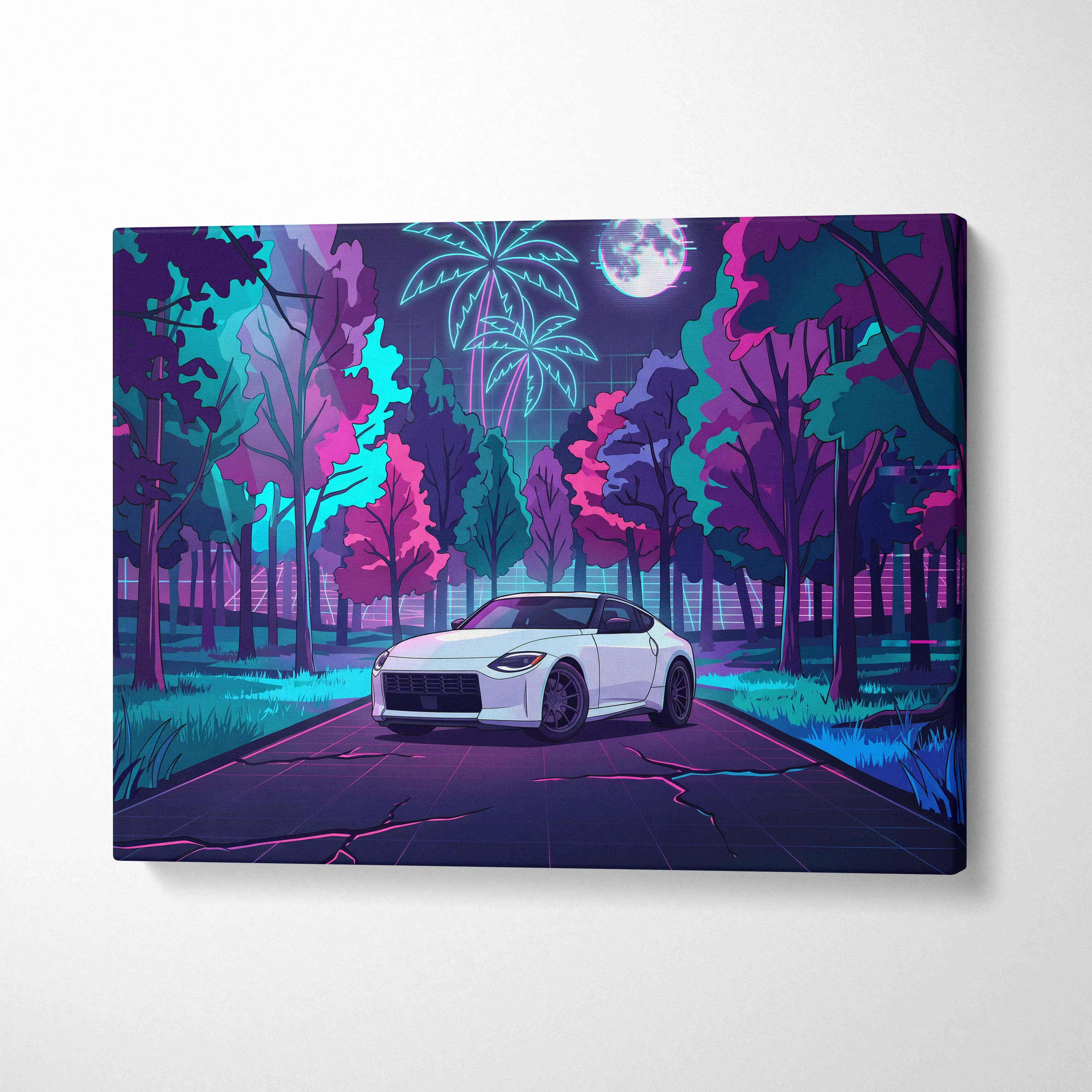Nissan Z Inspired White Pink Canvas Wall Art Vaporwave Neon Forest Road Car Artwork, Retro Moonlit JDM Garage Decor