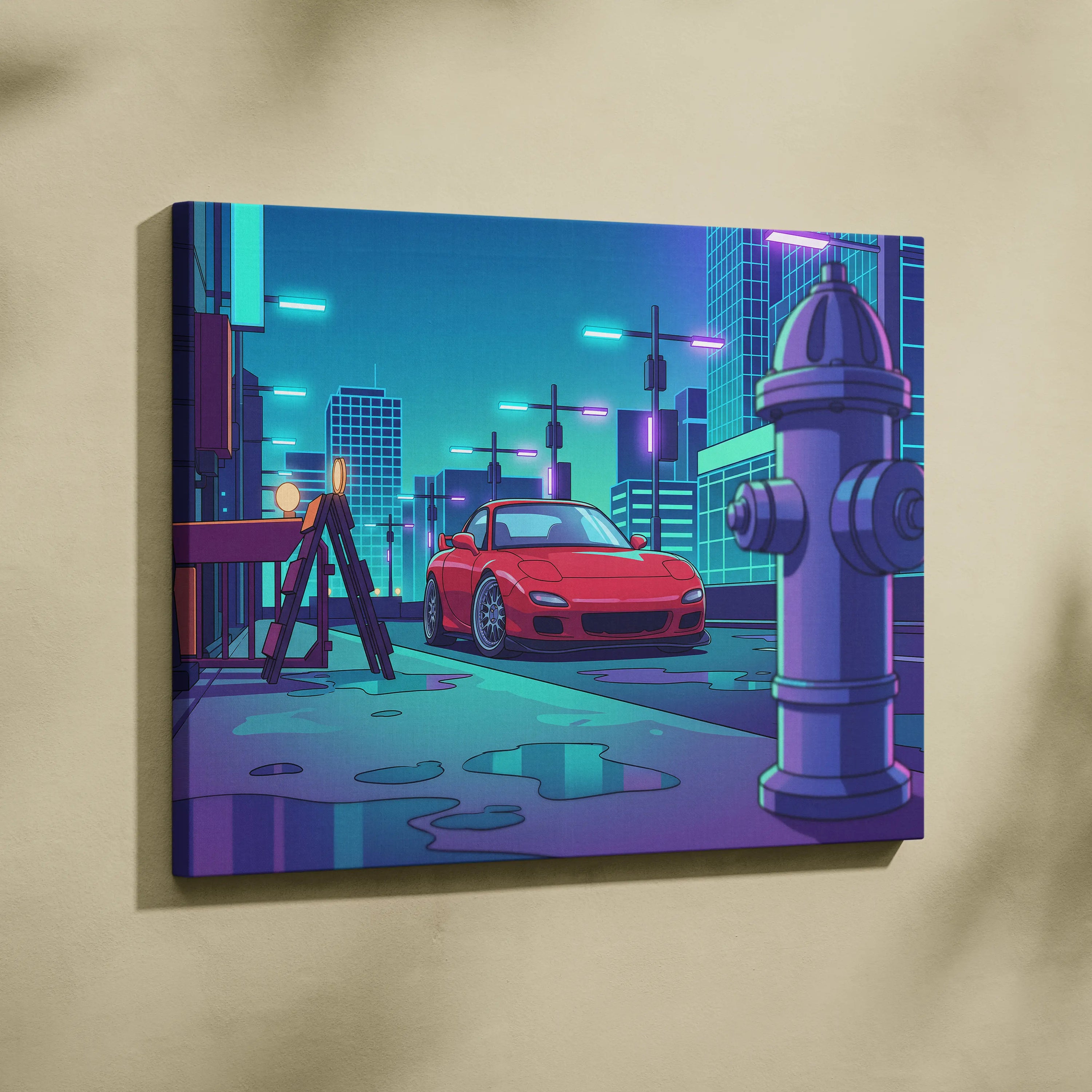 Mazda RX-7 FD Inspired Red Teal Canvas Wall Art, Neon Vaporwave JDM Sports Car Artwork for Cyberpunk City Garage Decor