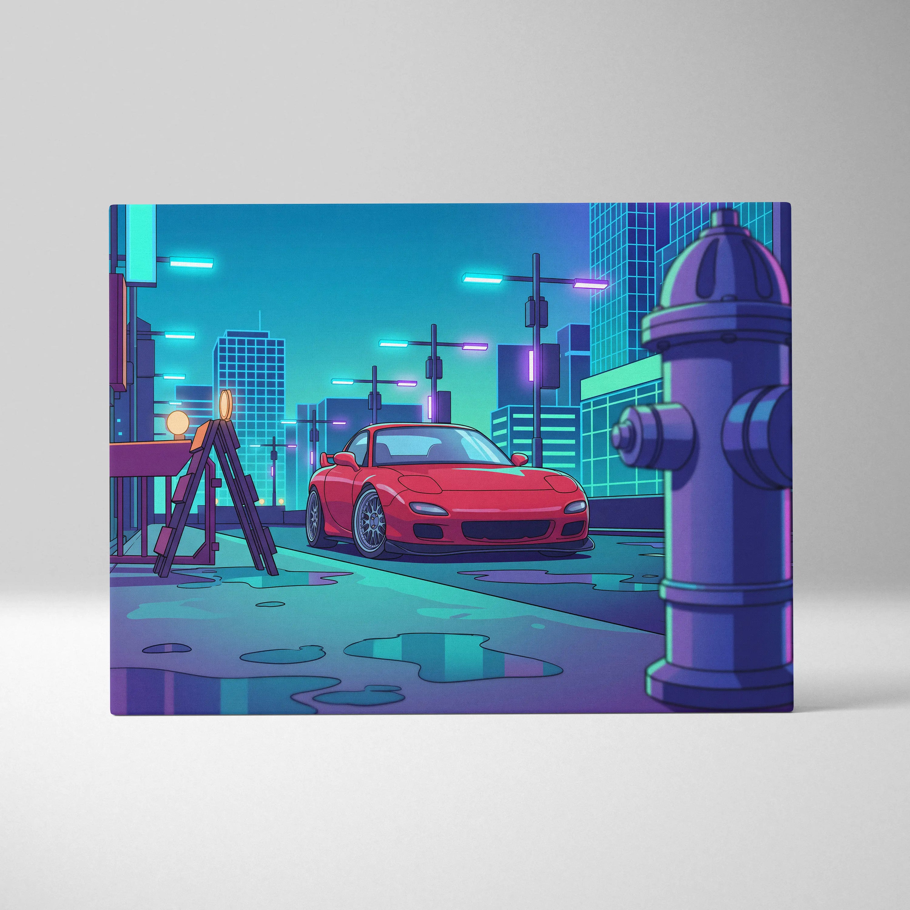 Mazda RX-7 FD Inspired Red Teal Canvas Wall Art, Neon Vaporwave JDM Sports Car Artwork for Cyberpunk City Garage Decor