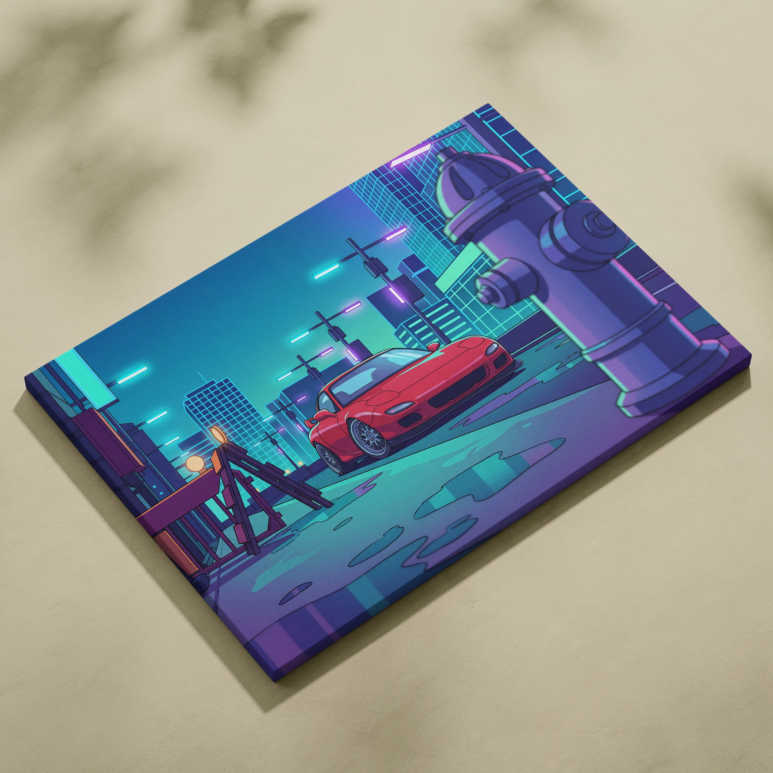 Mazda RX-7 FD Inspired Red Teal Canvas Wall Art, Neon Vaporwave JDM Sports Car Artwork for Cyberpunk City Garage Decor