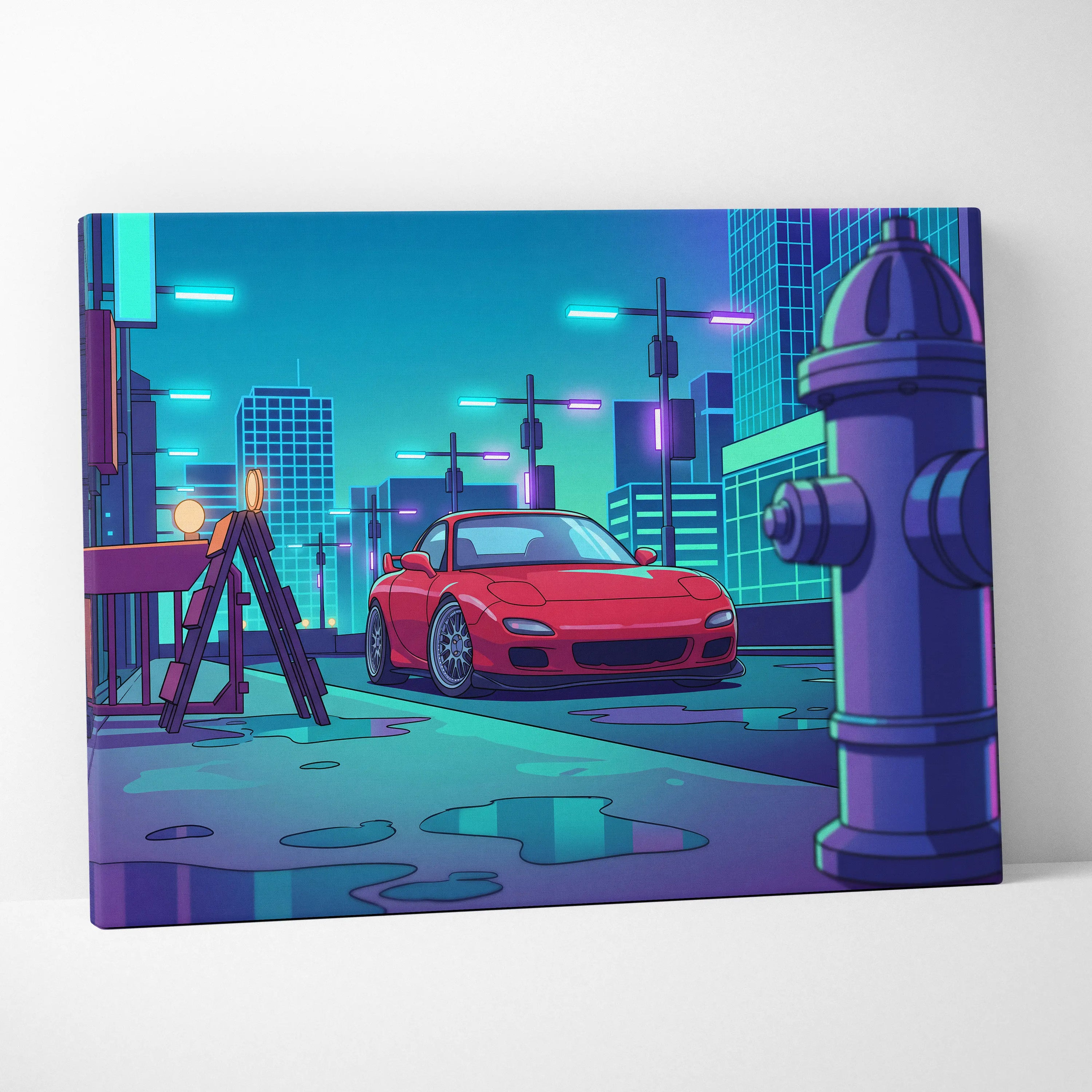 Mazda RX-7 FD Inspired Red Teal Canvas Wall Art, Neon Vaporwave JDM Sports Car Artwork for Cyberpunk City Garage Decor