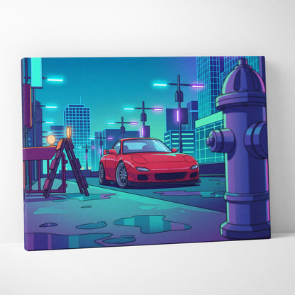 Mazda RX-7 FD Inspired Red Teal Canvas Wall Art, Neon Vaporwave JDM Sports Car Artwork for Cyberpunk City Garage Decor