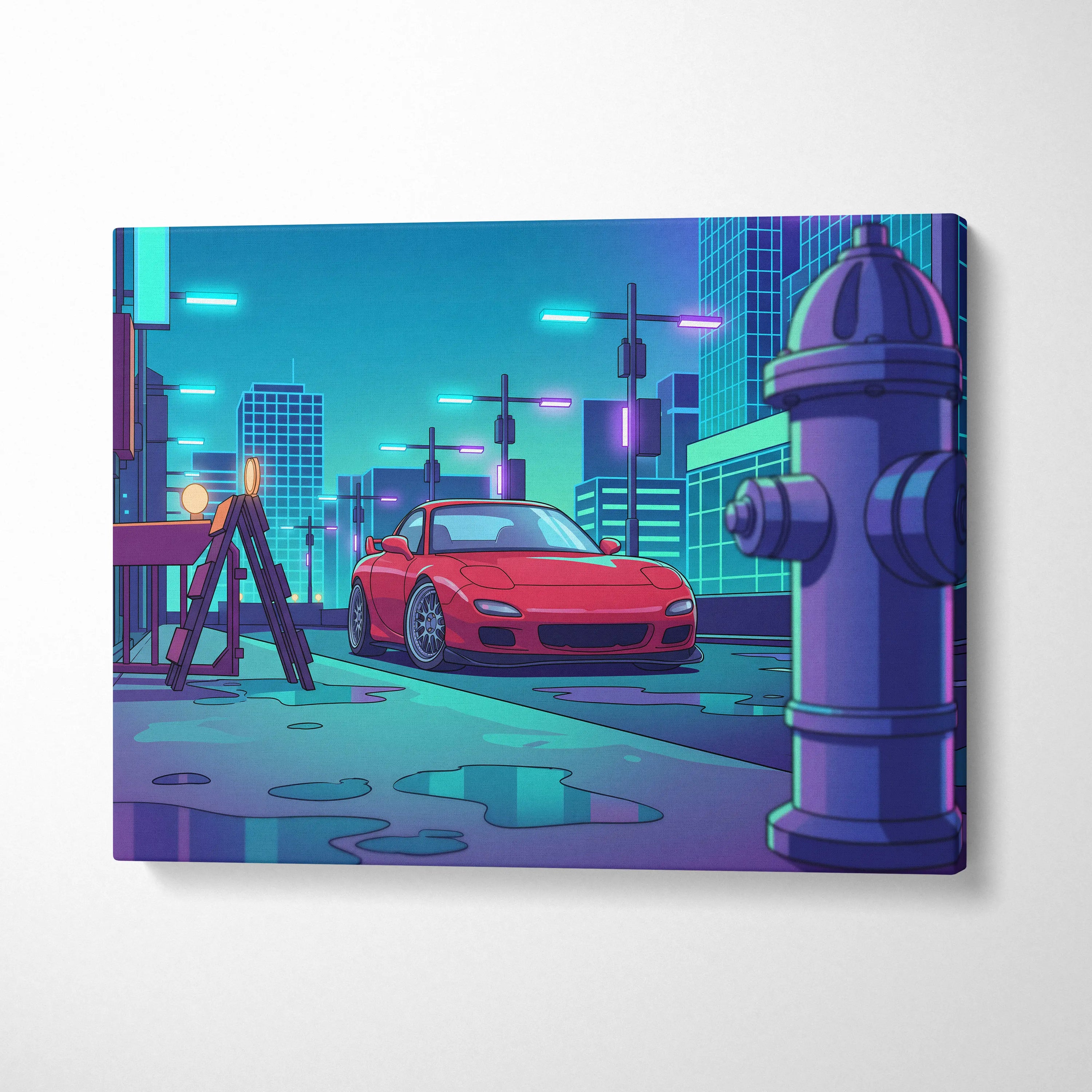 Mazda RX-7 FD Inspired Red Teal Canvas Wall Art, Neon Vaporwave JDM Sports Car Artwork for Cyberpunk City Garage Decor