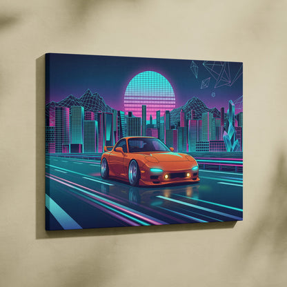 Mazda RX-7 FD Inspired Orange Teal Canvas Wall Art, Neon Vaporwave JDM Sports Car Artwork for Futuristic City Garage Decor