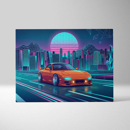 Mazda RX-7 FD Inspired Orange Teal Canvas Wall Art, Neon Vaporwave JDM Sports Car Artwork for Futuristic City Garage Decor