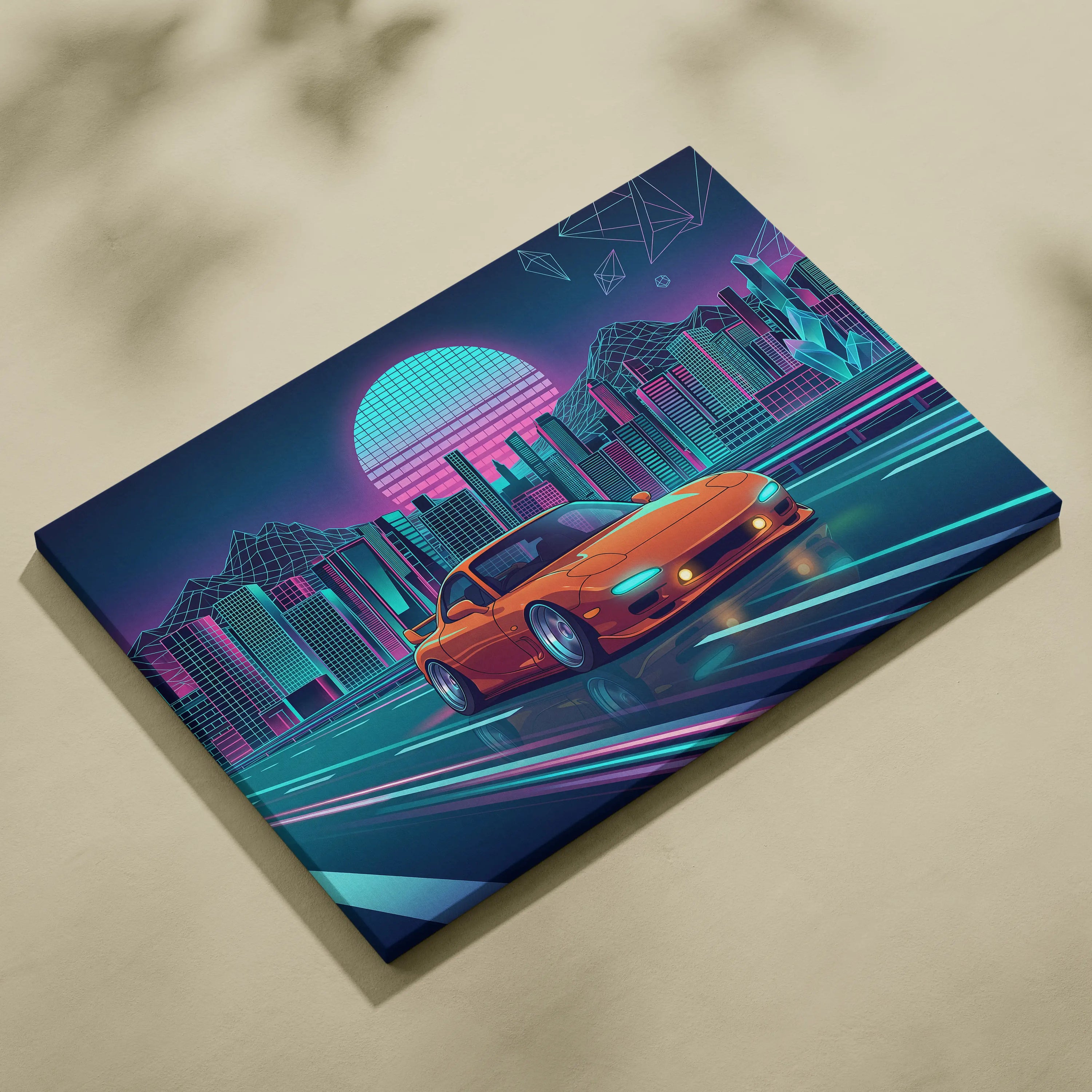 Mazda RX-7 FD Inspired Orange Teal Canvas Wall Art, Neon Vaporwave JDM Sports Car Artwork for Futuristic City Garage Decor