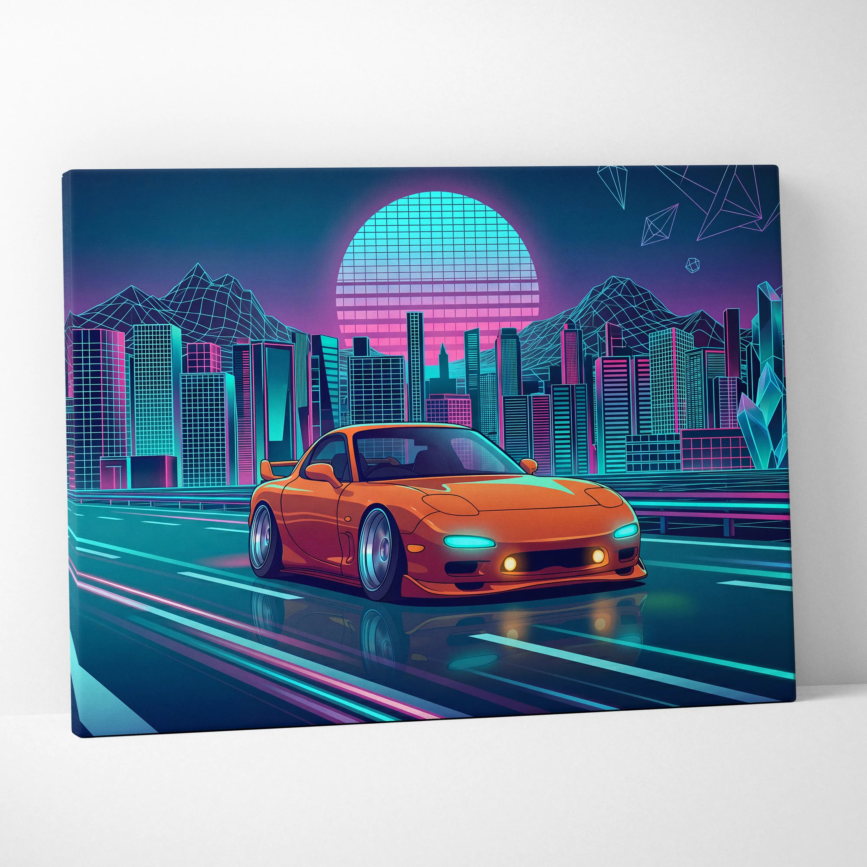 Mazda RX-7 FD Inspired Orange Teal Canvas Wall Art, Neon Vaporwave JDM Sports Car Artwork for Futuristic City Garage Decor