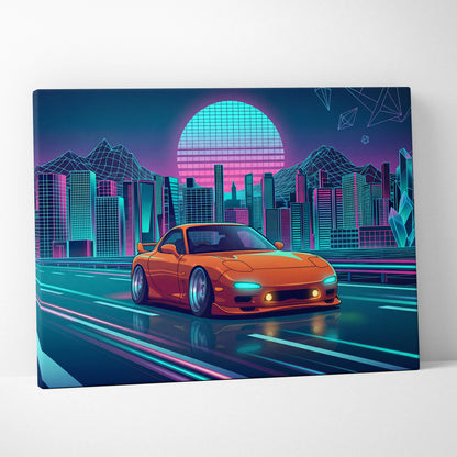 Mazda RX-7 FD Inspired Orange Teal Canvas Wall Art, Neon Vaporwave JDM Sports Car Artwork for Futuristic City Garage Decor