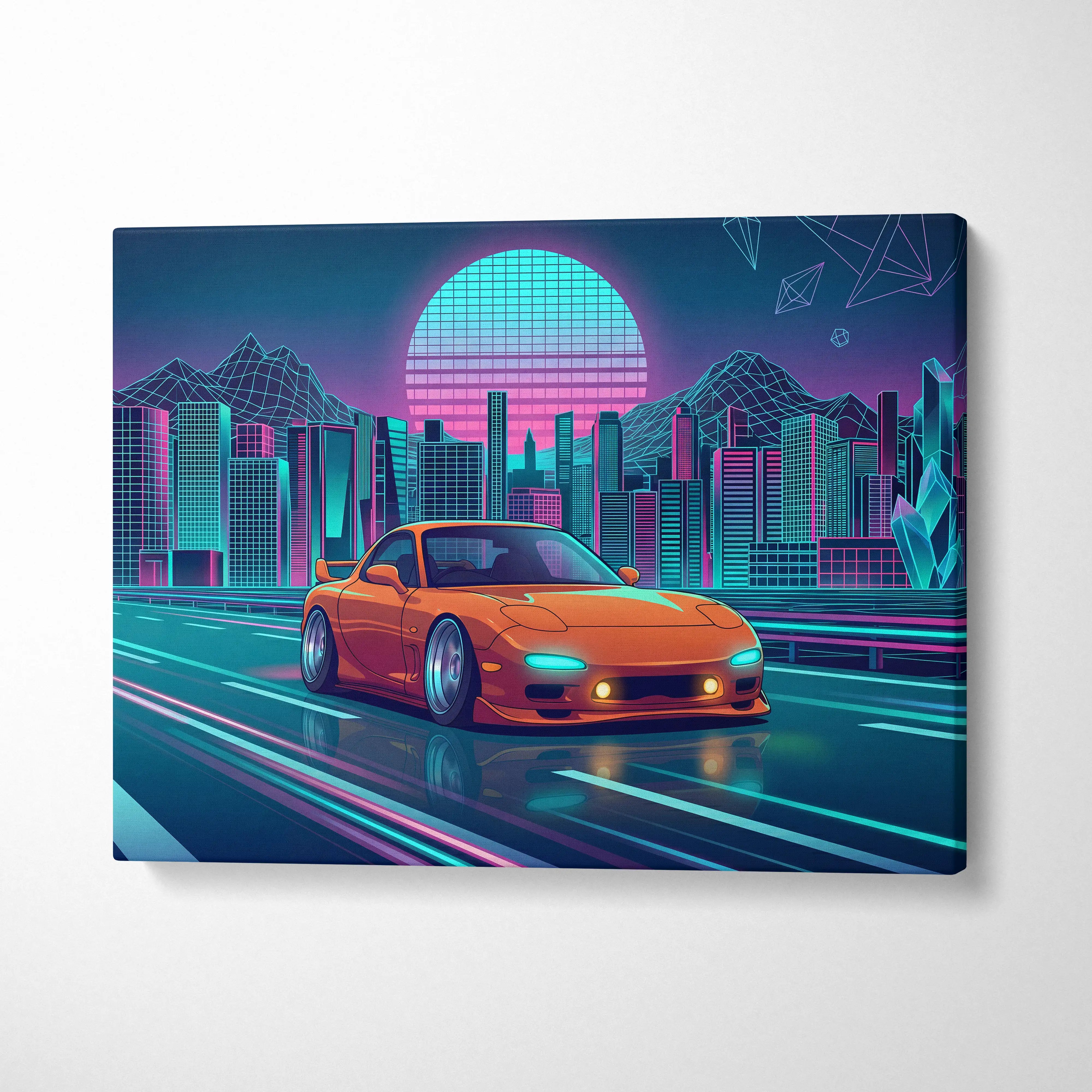 Mazda RX-7 FD Inspired Orange Teal Canvas Wall Art, Neon Vaporwave JDM Sports Car Artwork for Futuristic City Garage Decor