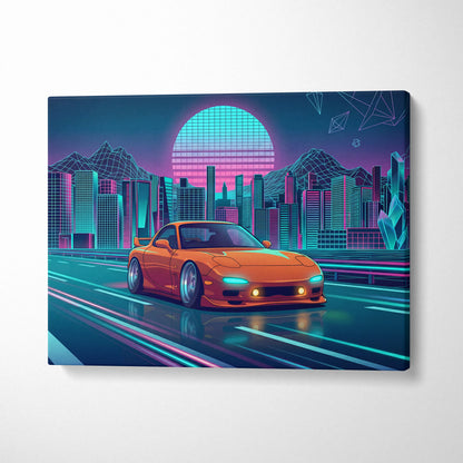 Mazda RX-7 FD Inspired Orange Teal Canvas Wall Art, Neon Vaporwave JDM Sports Car Artwork for Futuristic City Garage Decor