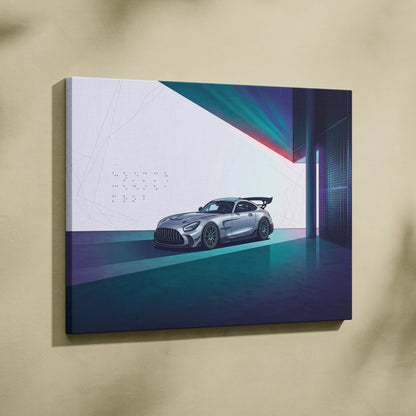 Mercedes-AMG GT Black Series Inspired Silver Teal Canvas Wall Art, Minimal Vaporwave Race Car Artwork for Modern Garage Decor