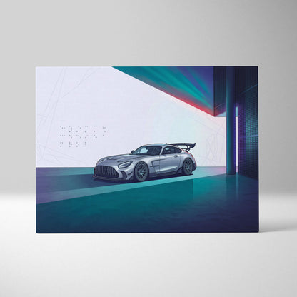 Mercedes-AMG GT Black Series Inspired Silver Teal Canvas Wall Art, Minimal Vaporwave Race Car Artwork for Modern Garage Decor