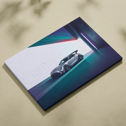 Mercedes-AMG GT Black Series Inspired Silver Teal Canvas Wall Art, Minimal Vaporwave Race Car Artwork for Modern Garage Decor