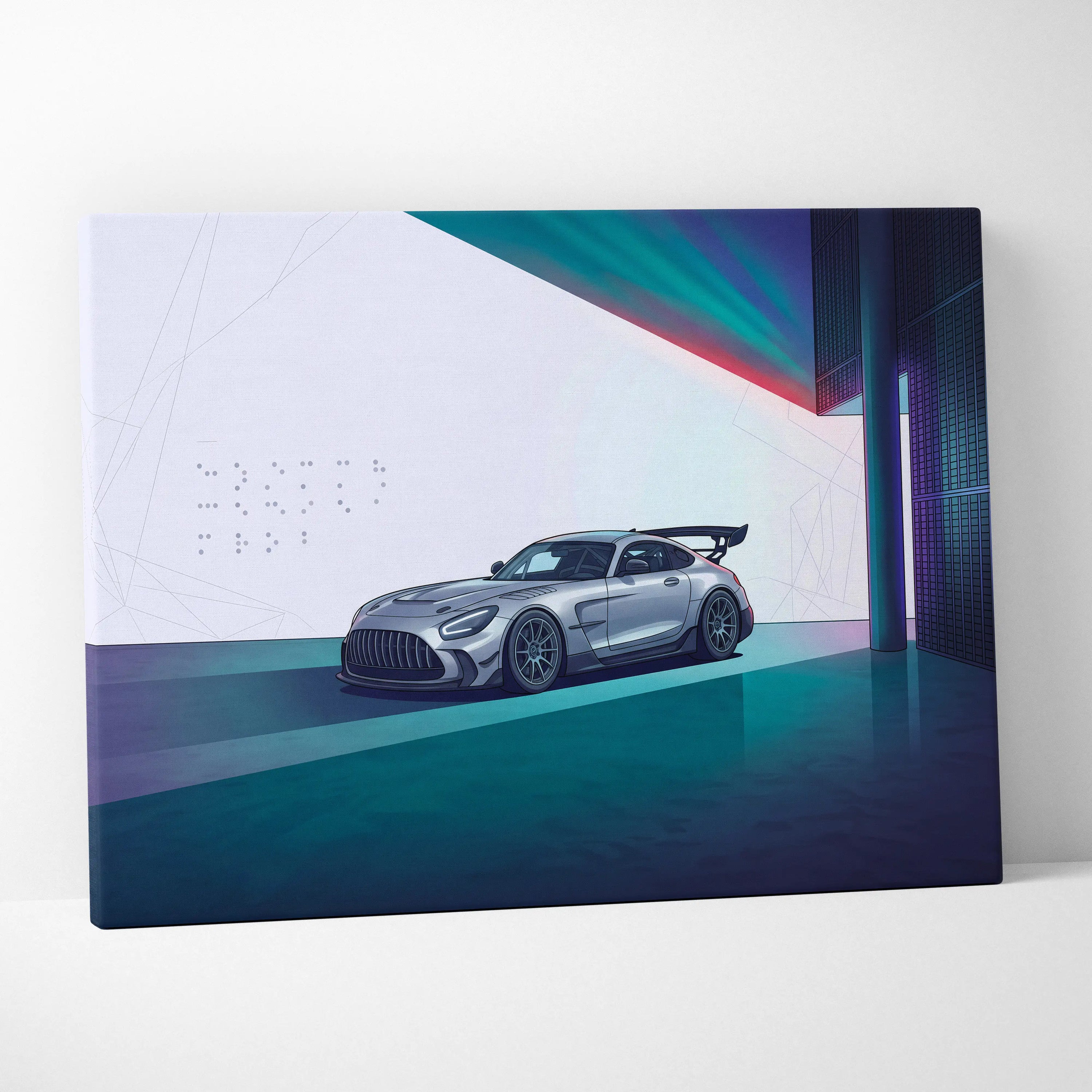 Mercedes-AMG GT Black Series Inspired Silver Teal Canvas Wall Art, Minimal Vaporwave Race Car Artwork for Modern Garage Decor