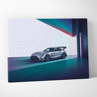 Mercedes-AMG GT Black Series Inspired Silver Teal Canvas Wall Art, Minimal Vaporwave Race Car Artwork for Modern Garage Decor
