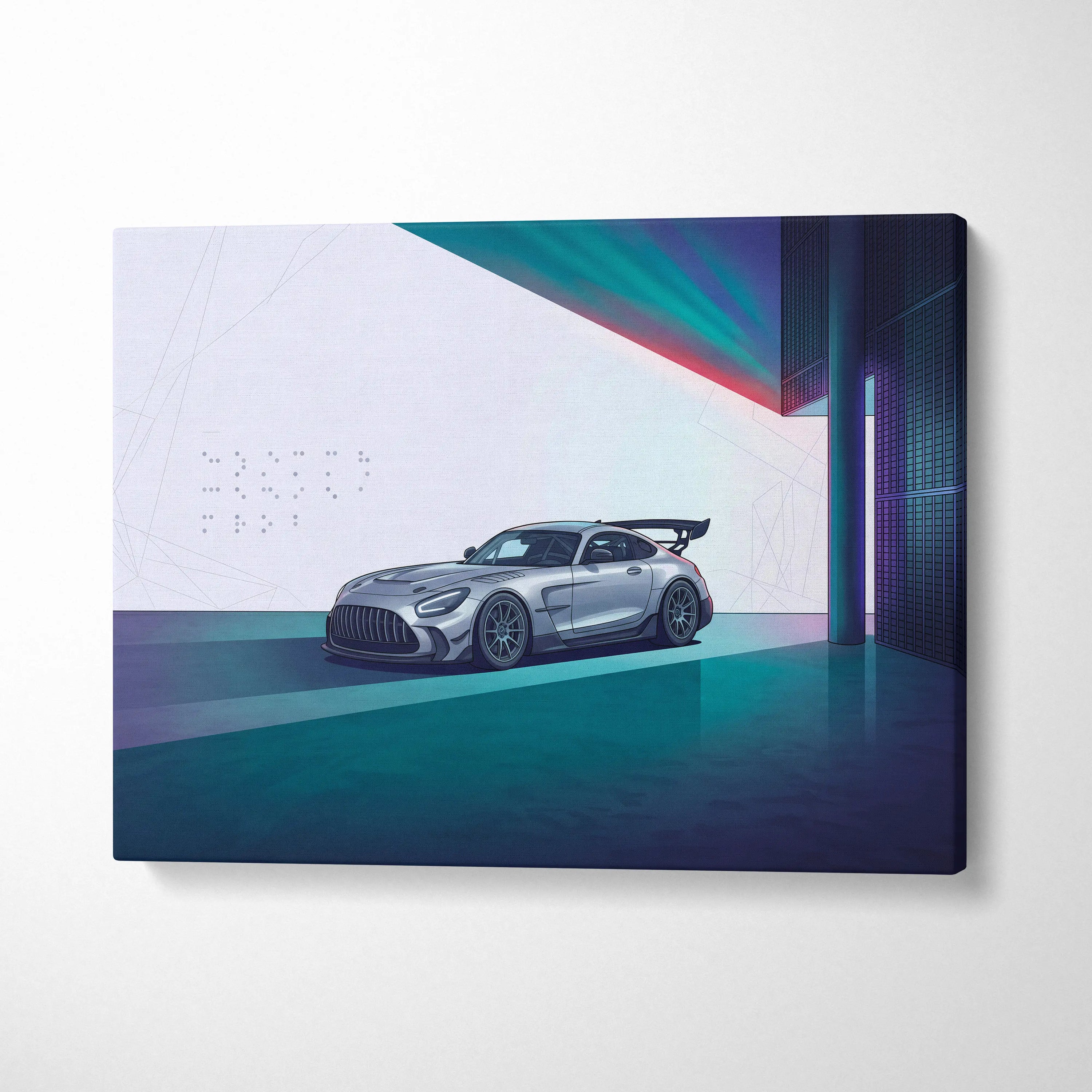 Mercedes-AMG GT Black Series Inspired Silver Teal Canvas Wall Art, Minimal Vaporwave Race Car Artwork for Modern Garage Decor