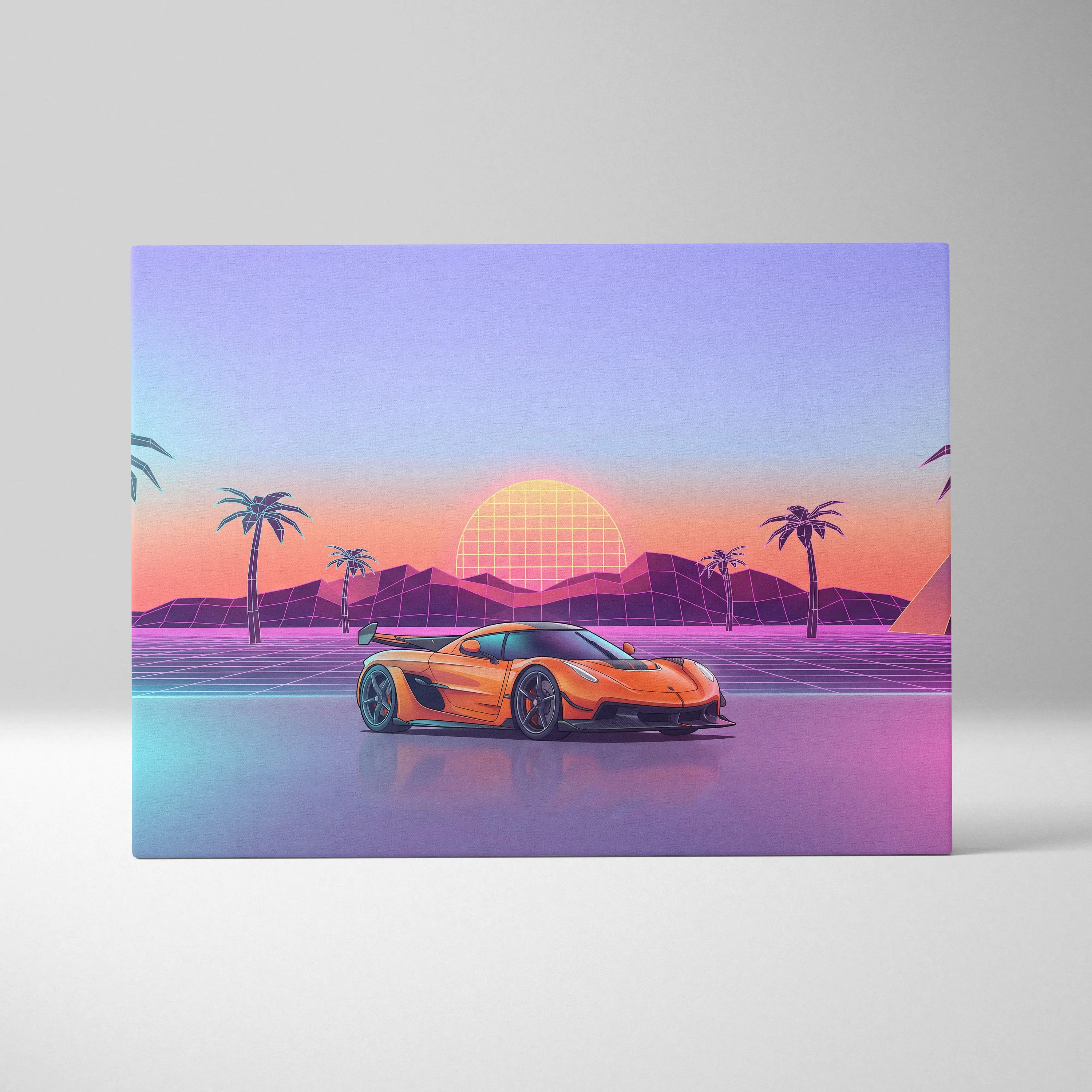 Koenigsegg Jesko Inspired Orange Blue Canvas Wall Art, Vaporwave Hypercar Artwork, Neon Sunset Garage Decor, Retro Futuristic Exotic Car Print
