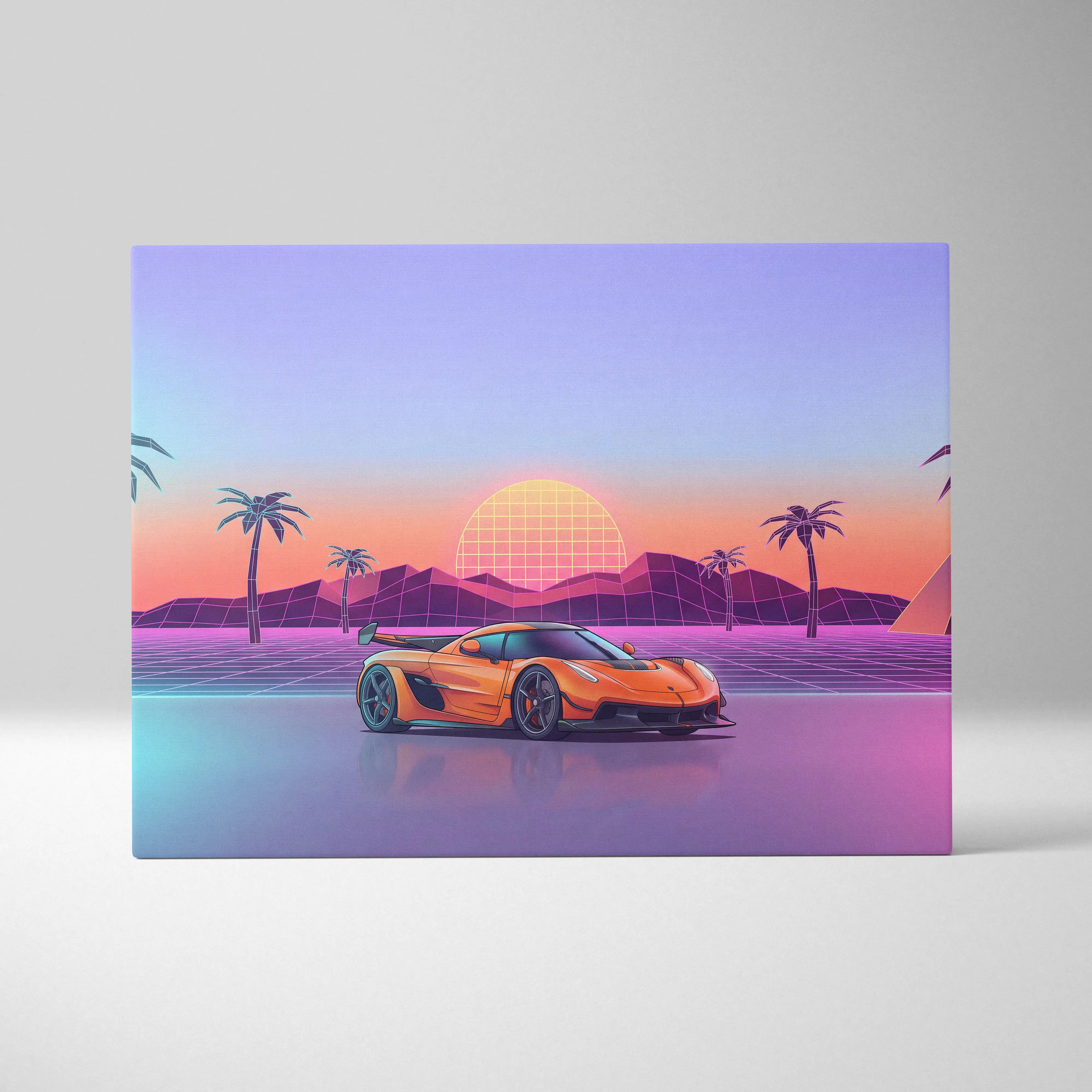 Koenigsegg Jesko Inspired Orange Blue Canvas Wall Art, Vaporwave Hypercar Artwork, Neon Sunset Garage Decor, Retro Futuristic Exotic Car Print