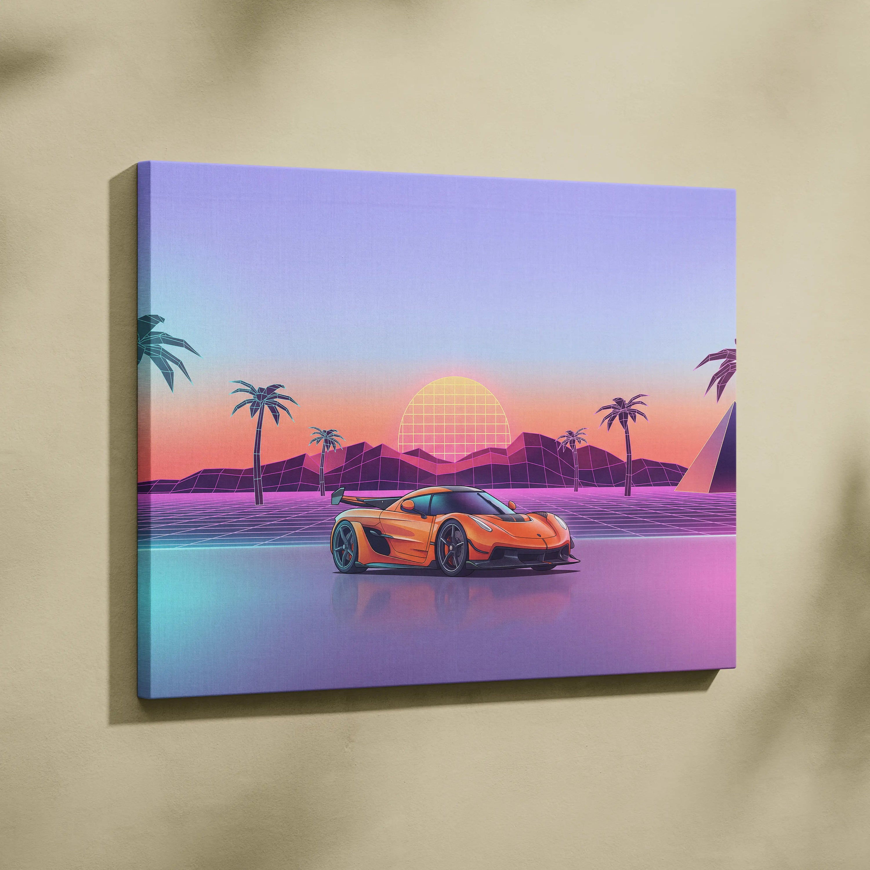 Koenigsegg Jesko Inspired Orange Blue Canvas Wall Art, Vaporwave Hypercar Artwork, Neon Sunset Garage Decor, Retro Futuristic Exotic Car Print