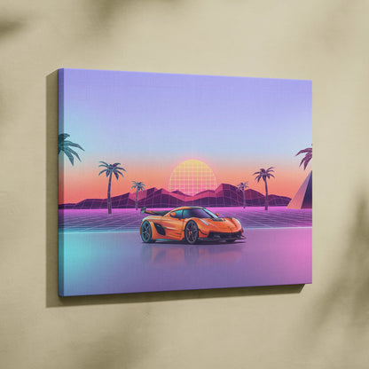 Koenigsegg Jesko Inspired Orange Blue Canvas Wall Art, Vaporwave Hypercar Artwork, Neon Sunset Garage Decor, Retro Futuristic Exotic Car Print