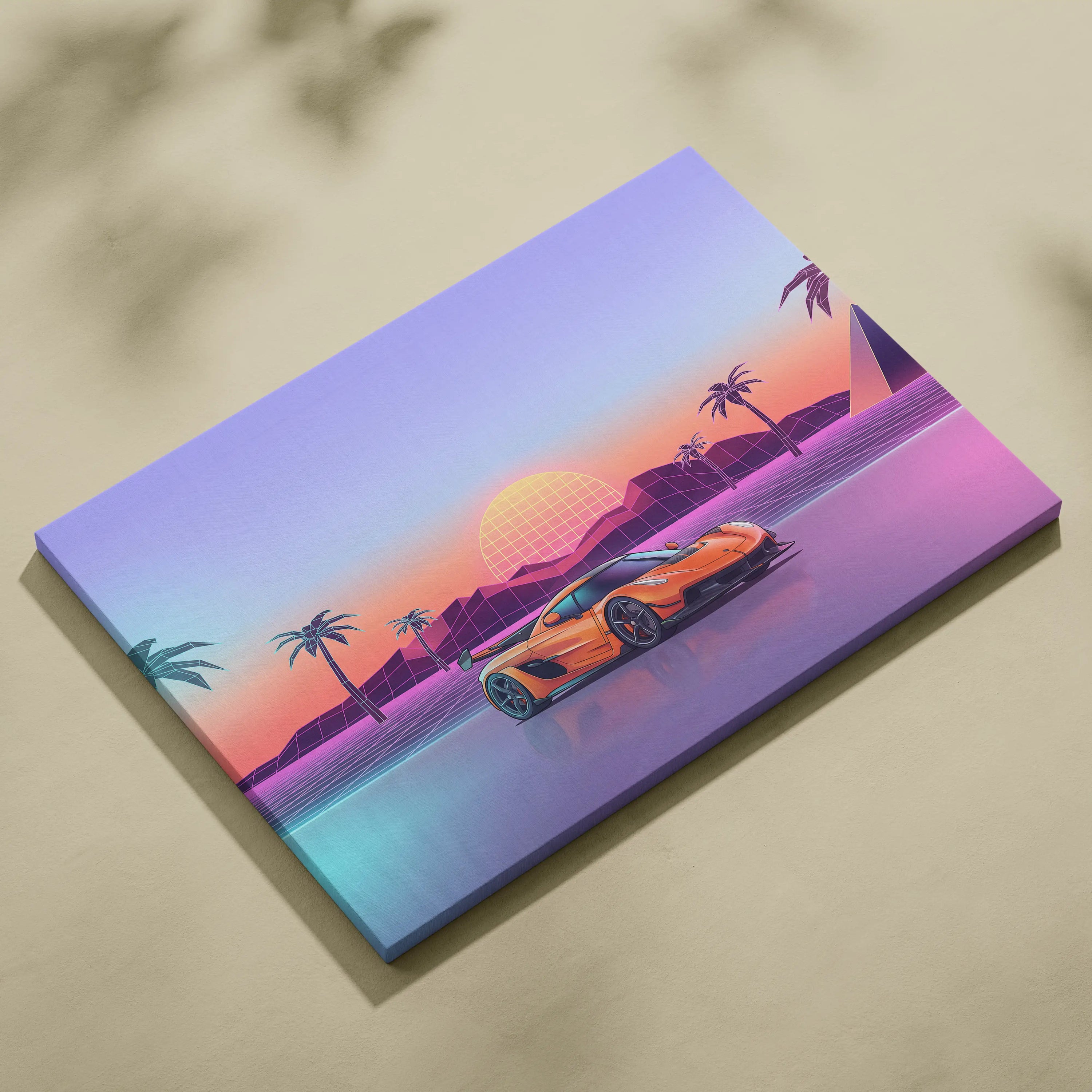 Koenigsegg Jesko Inspired Orange Blue Canvas Wall Art, Vaporwave Hypercar Artwork, Neon Sunset Garage Decor, Retro Futuristic Exotic Car Print