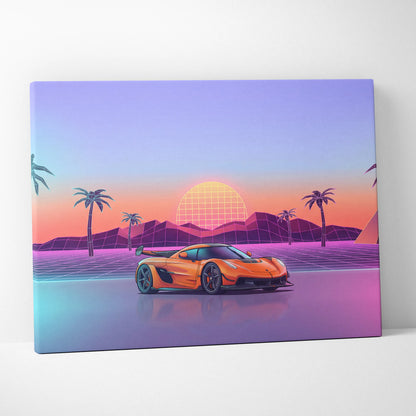Koenigsegg Jesko Inspired Orange Blue Canvas Wall Art, Vaporwave Hypercar Artwork, Neon Sunset Garage Decor, Retro Futuristic Exotic Car Print