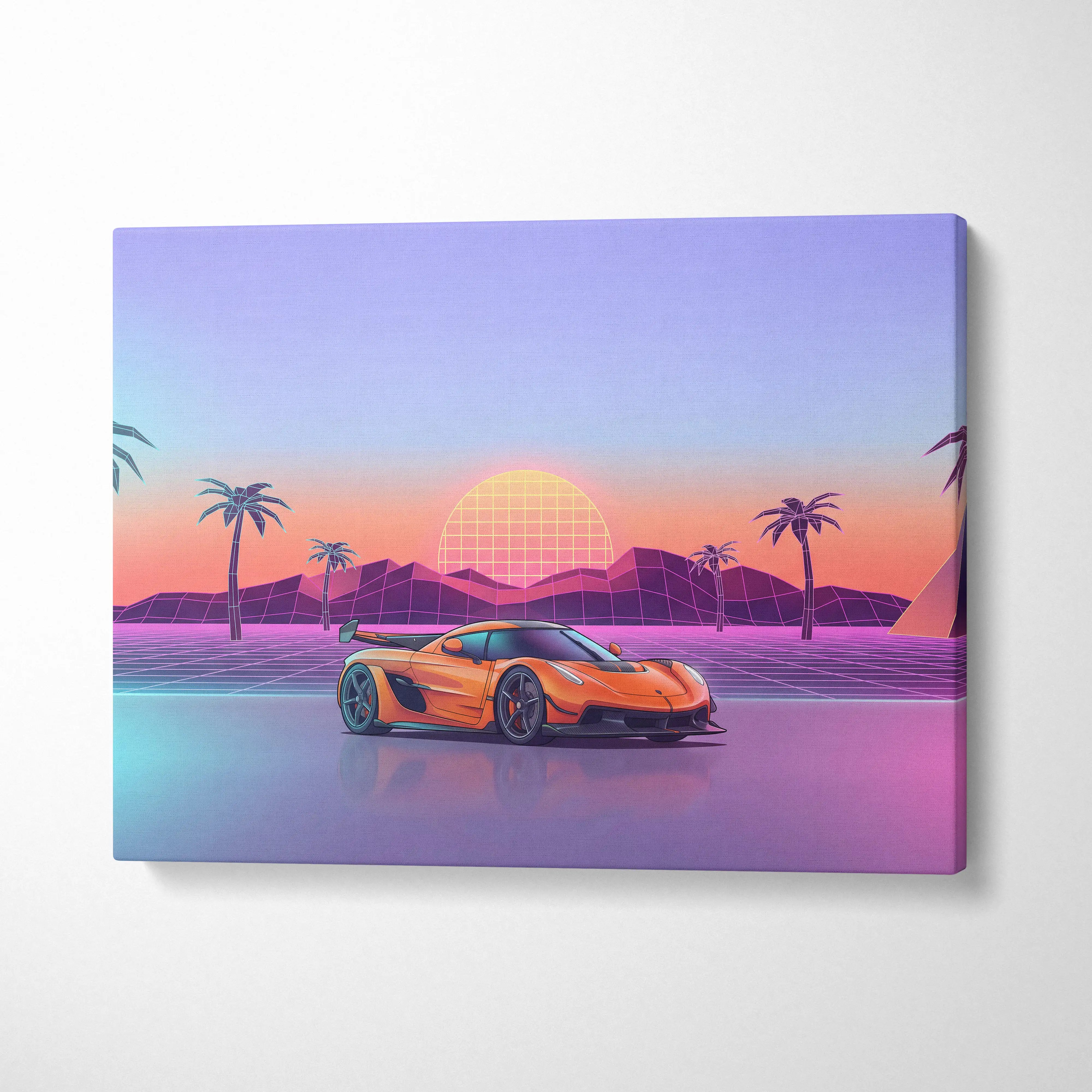 Koenigsegg Jesko Inspired Orange Blue Canvas Wall Art, Vaporwave Hypercar Artwork, Neon Sunset Garage Decor, Retro Futuristic Exotic Car Print