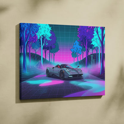 Pagani Huayra Roadster Inspired Silver Pink Canvas Wall Art Vaporwave Neon Forest Hypercar Artwork, Dreamy Cyberpunk Garage Decor