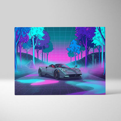 Pagani Huayra Roadster Inspired Silver Pink Canvas Wall Art Vaporwave Neon Forest Hypercar Artwork, Dreamy Cyberpunk Garage Decor