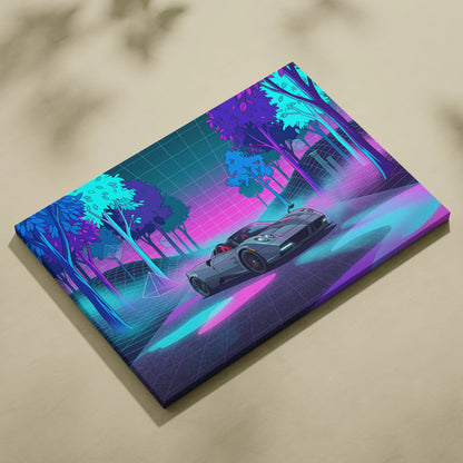 Pagani Huayra Roadster Inspired Silver Pink Canvas Wall Art Vaporwave Neon Forest Hypercar Artwork, Dreamy Cyberpunk Garage Decor