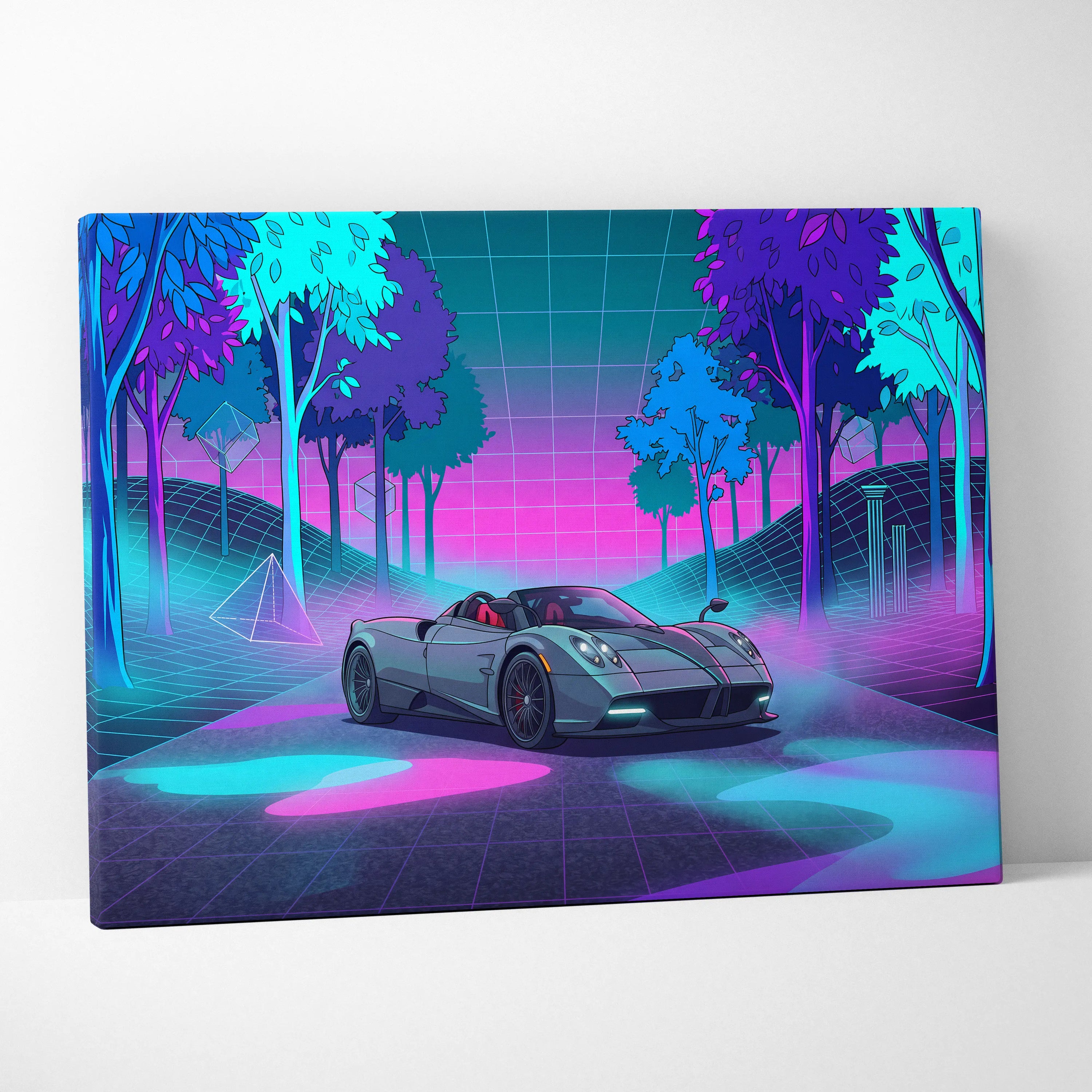 Pagani Huayra Roadster Inspired Silver Pink Canvas Wall Art Vaporwave Neon Forest Hypercar Artwork, Dreamy Cyberpunk Garage Decor