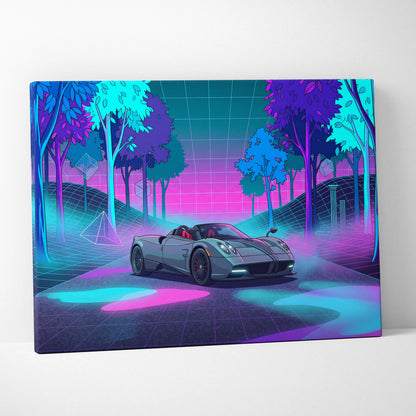 Pagani Huayra Roadster Inspired Silver Pink Canvas Wall Art Vaporwave Neon Forest Hypercar Artwork, Dreamy Cyberpunk Garage Decor