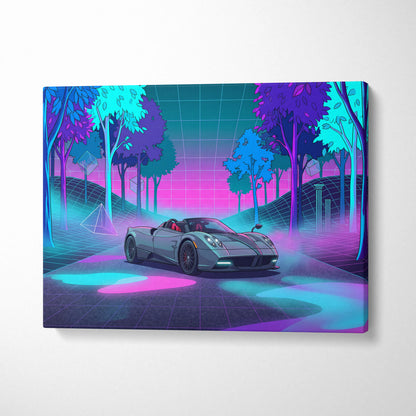 Pagani Huayra Roadster Inspired Silver Pink Canvas Wall Art Vaporwave Neon Forest Hypercar Artwork, Dreamy Cyberpunk Garage Decor