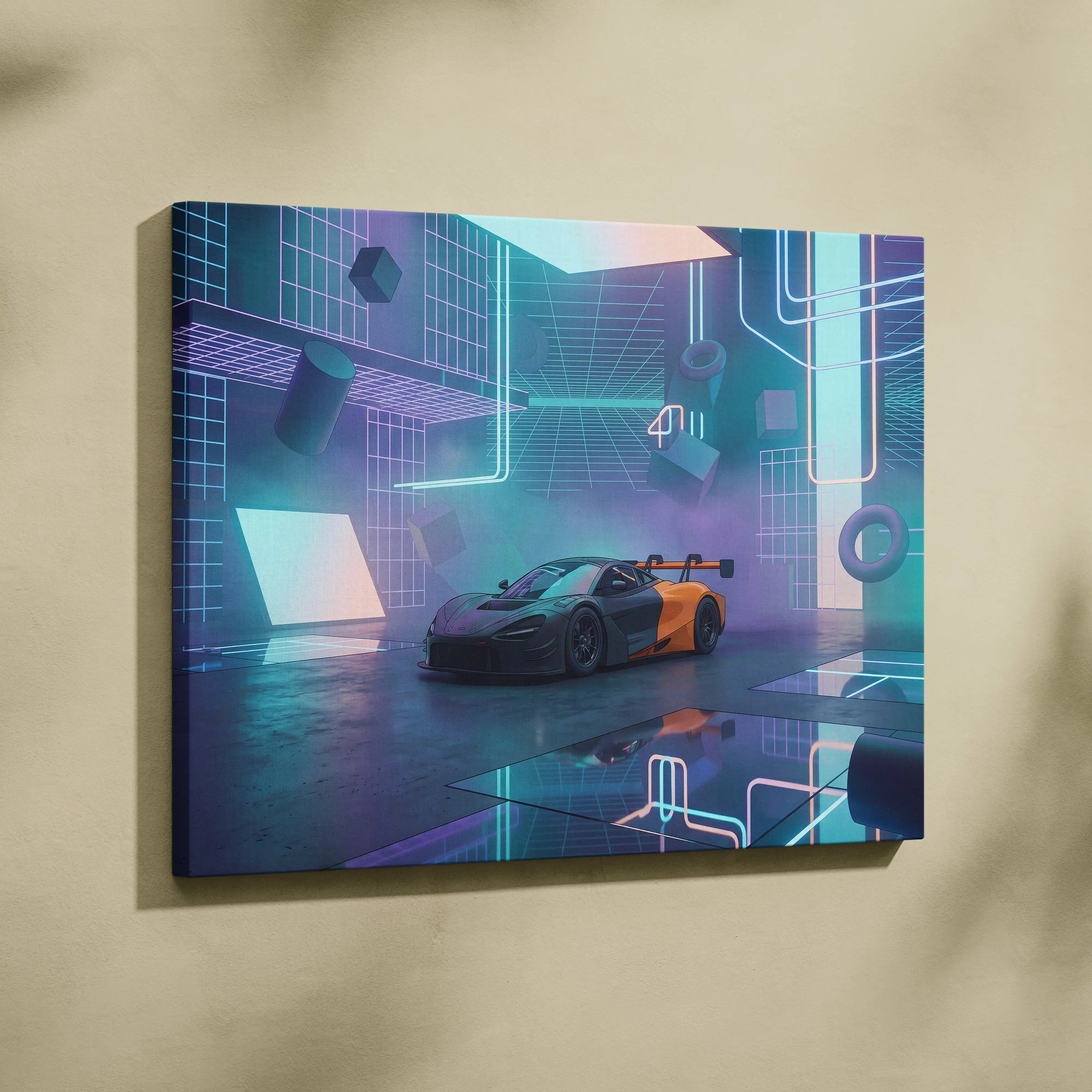 McLaren 720S GT3 Inspired Black Orange Canvas Wall Art, Neon Vaporwave Hypercar Artwork for Futuristic Garage Decor