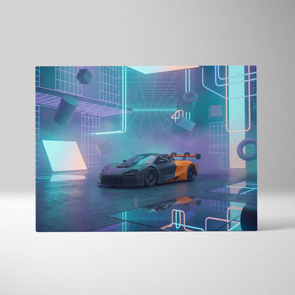 McLaren 720S GT3 Inspired Black Orange Canvas Wall Art, Neon Vaporwave Hypercar Artwork for Futuristic Garage Decor