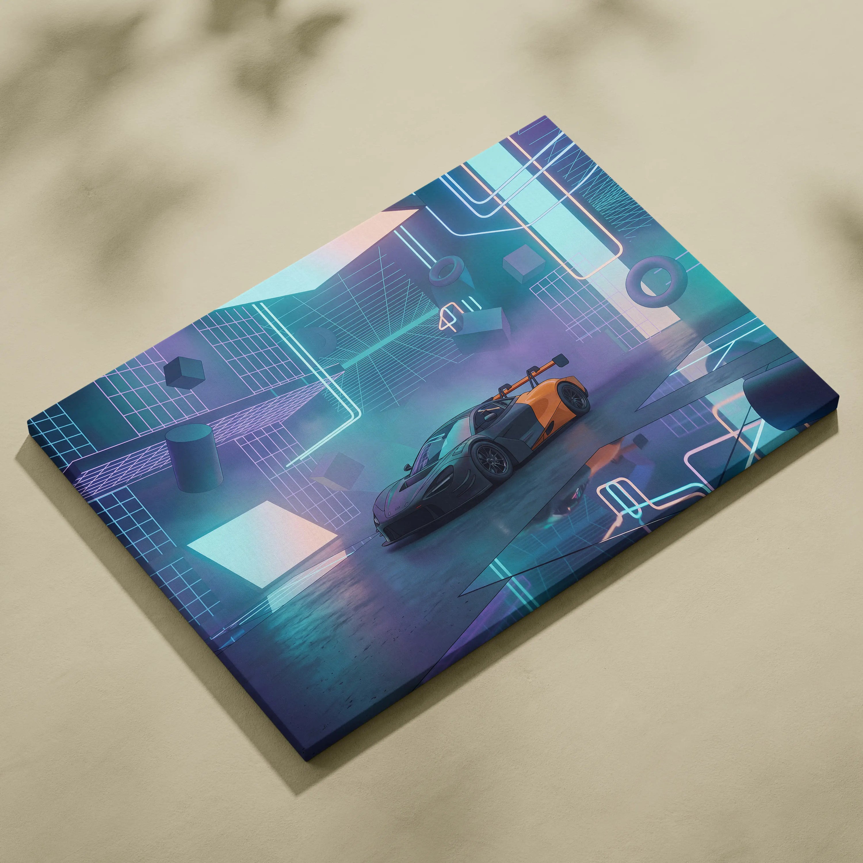 McLaren 720S GT3 Inspired Black Orange Canvas Wall Art, Neon Vaporwave Hypercar Artwork for Futuristic Garage Decor
