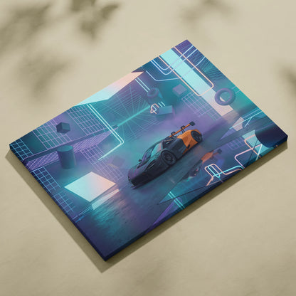 McLaren 720S GT3 Inspired Black Orange Canvas Wall Art, Neon Vaporwave Hypercar Artwork for Futuristic Garage Decor
