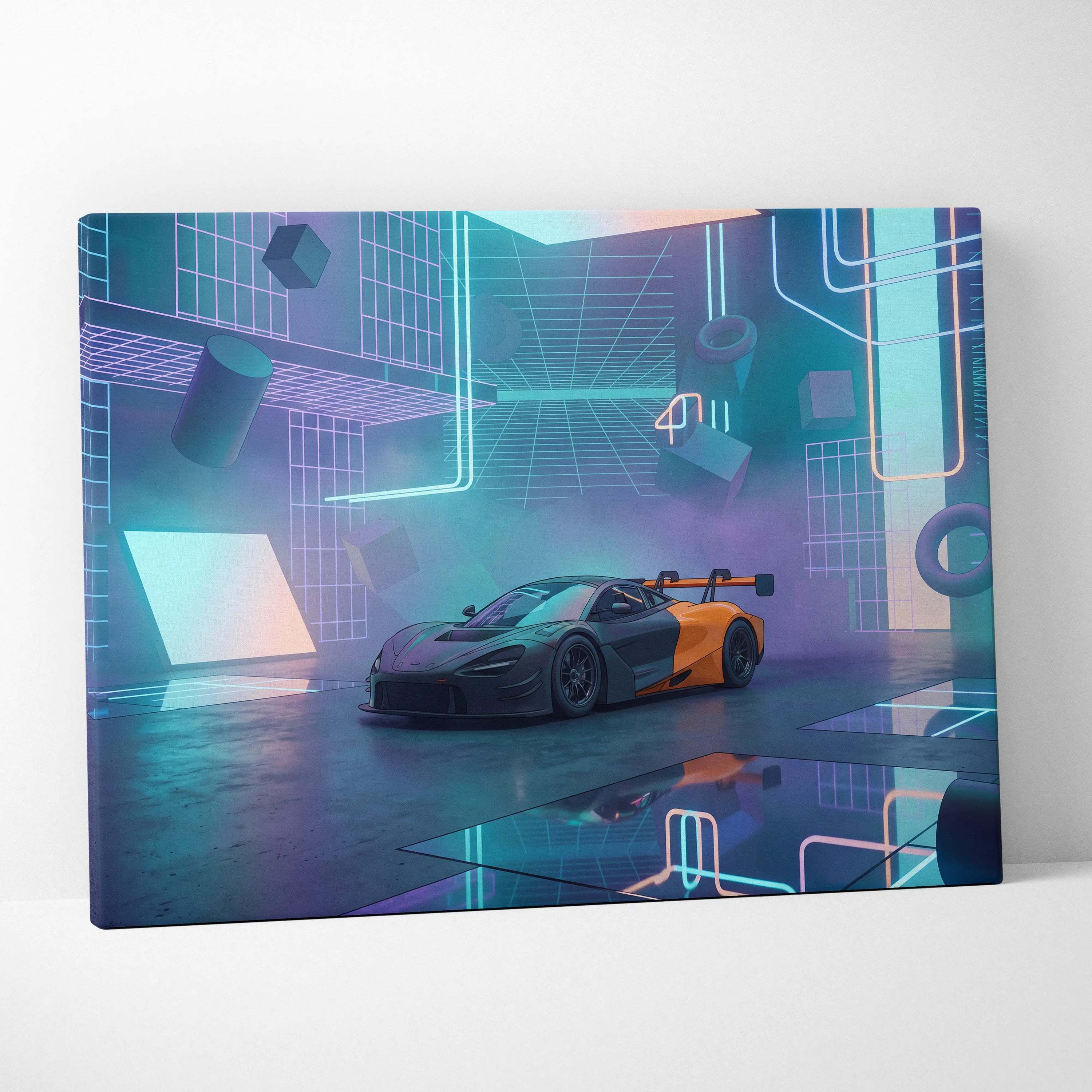 McLaren 720S GT3 Inspired Black Orange Canvas Wall Art, Neon Vaporwave Hypercar Artwork for Futuristic Garage Decor