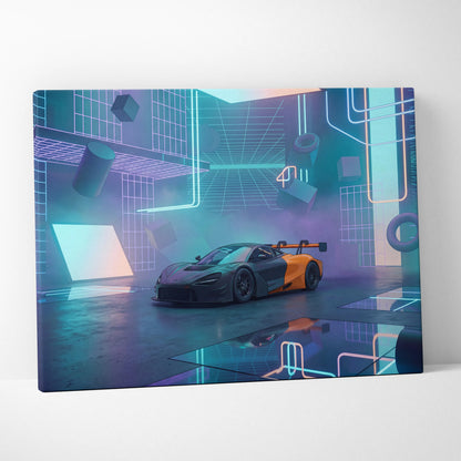 McLaren 720S GT3 Inspired Black Orange Canvas Wall Art, Neon Vaporwave Hypercar Artwork for Futuristic Garage Decor