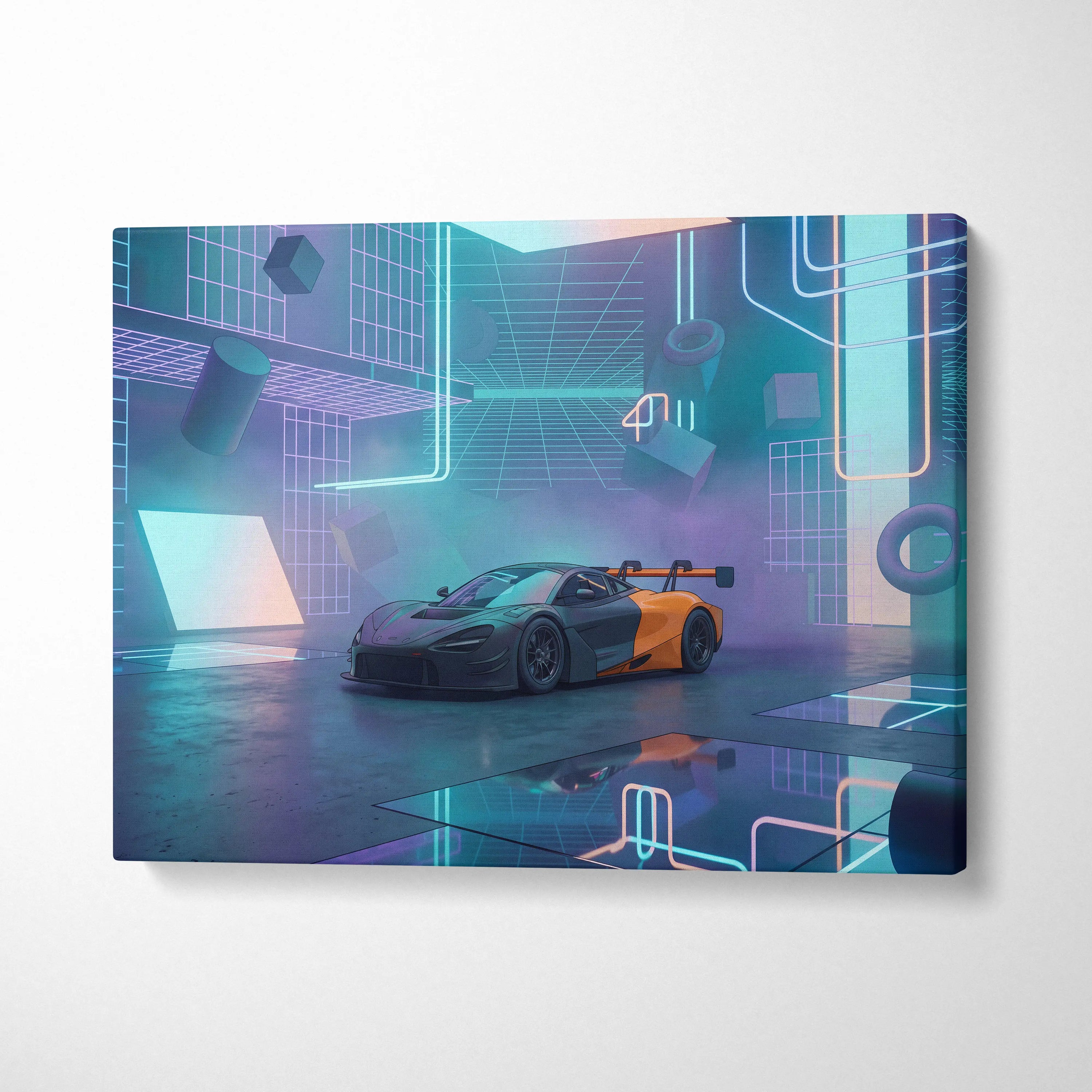 McLaren 720S GT3 Inspired Black Orange Canvas Wall Art, Neon Vaporwave Hypercar Artwork for Futuristic Garage Decor