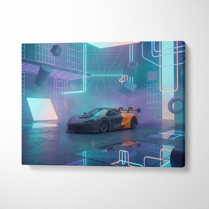 McLaren 720S GT3 Inspired Black Orange Canvas Wall Art, Neon Vaporwave Hypercar Artwork for Futuristic Garage Decor