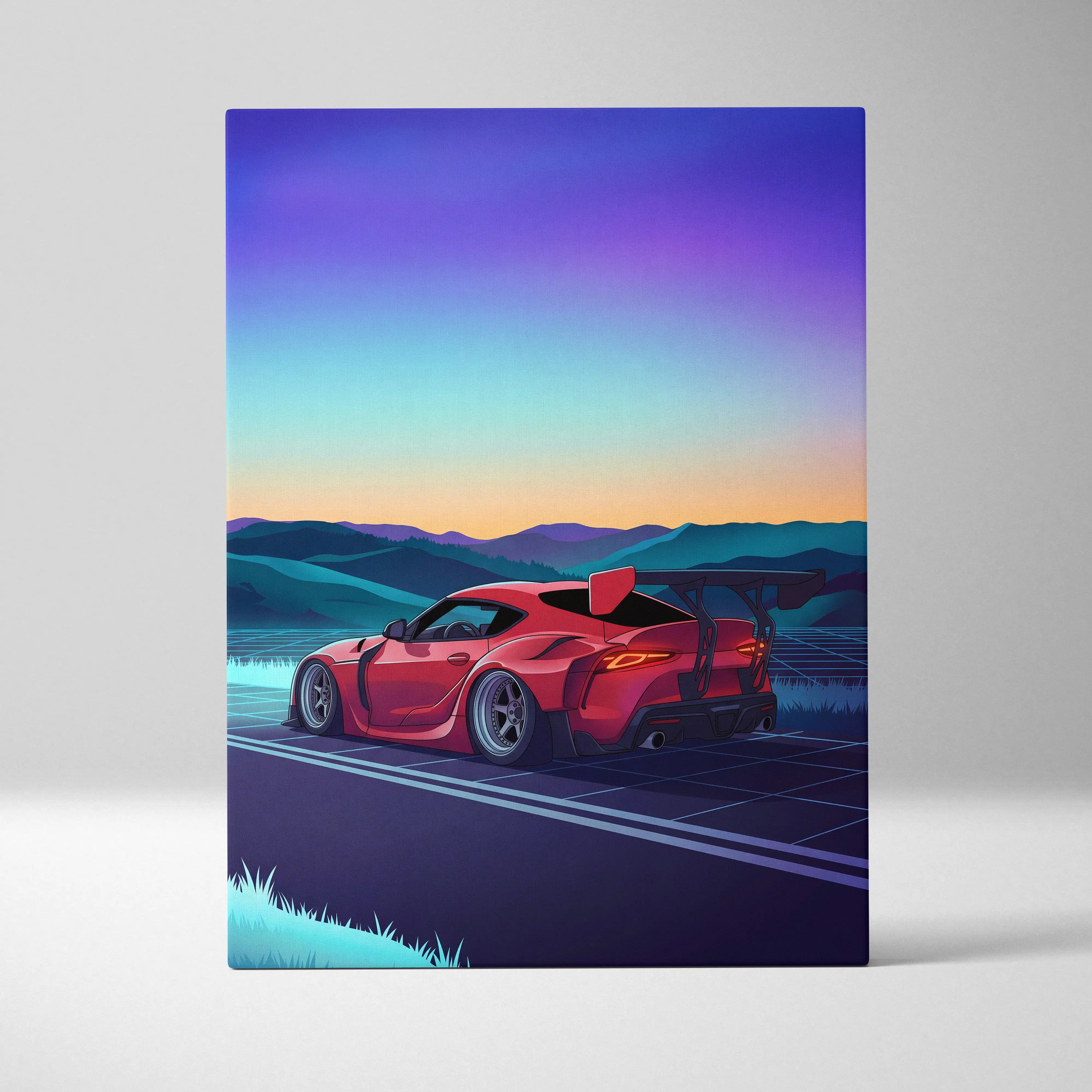 Toyota Supra MK5 Inspired Red Blue Mountain Canvas Wall Art Vaporwave Sports Car Artwork, Neon Grid Road Garage Decor Retro Futuristic Print